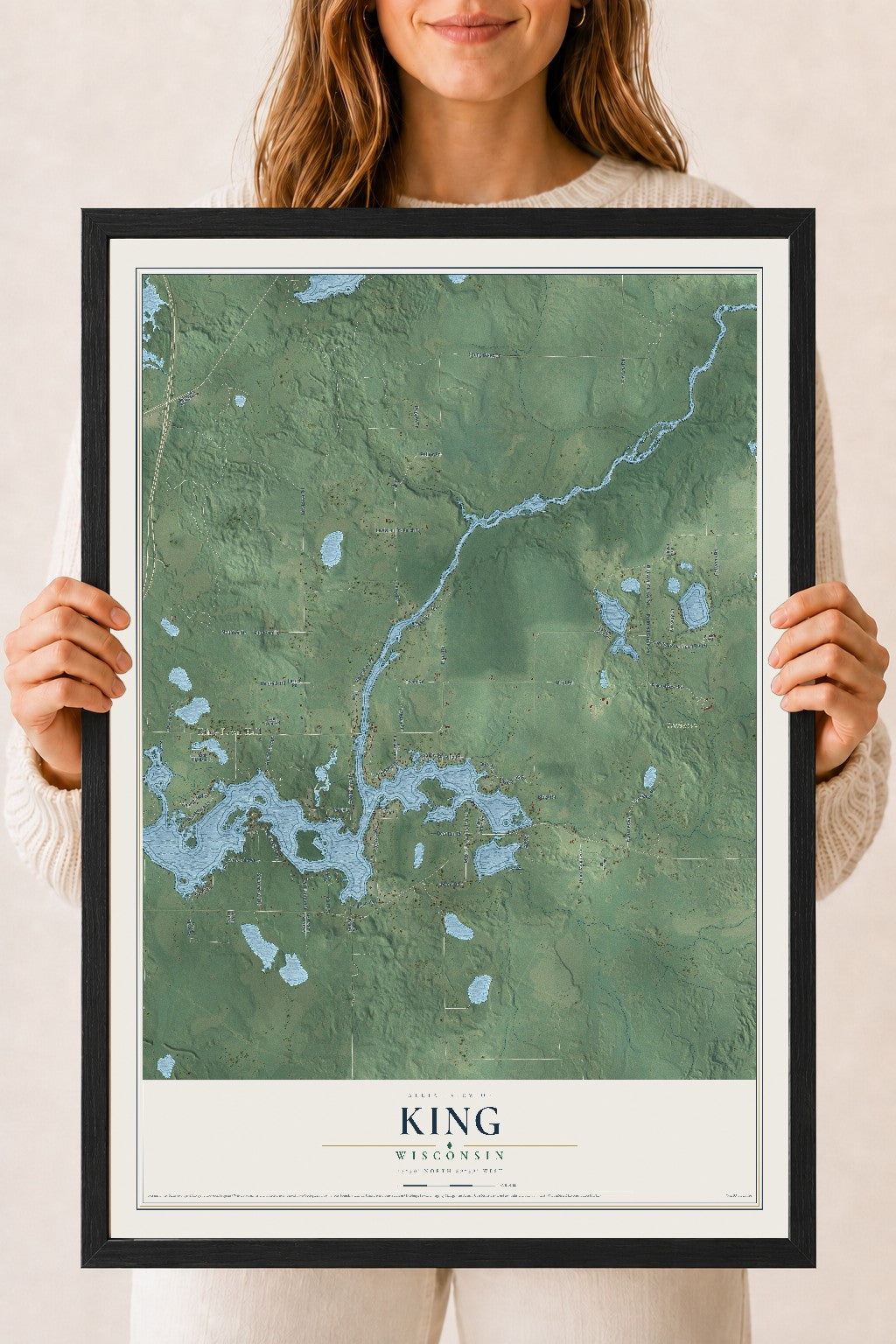 Map of King, Wisconsin, 18 x 24 inch print in a black wood frame