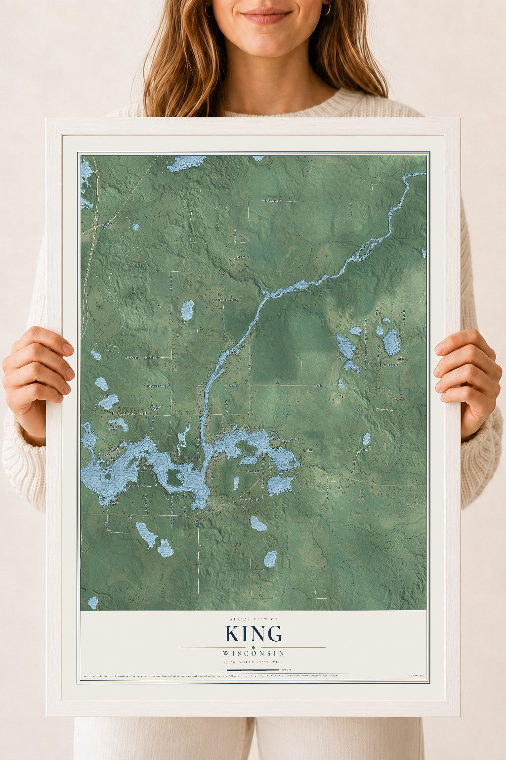 Map of King, Wisconsin, 18 x 24 inch print in a white wood frame