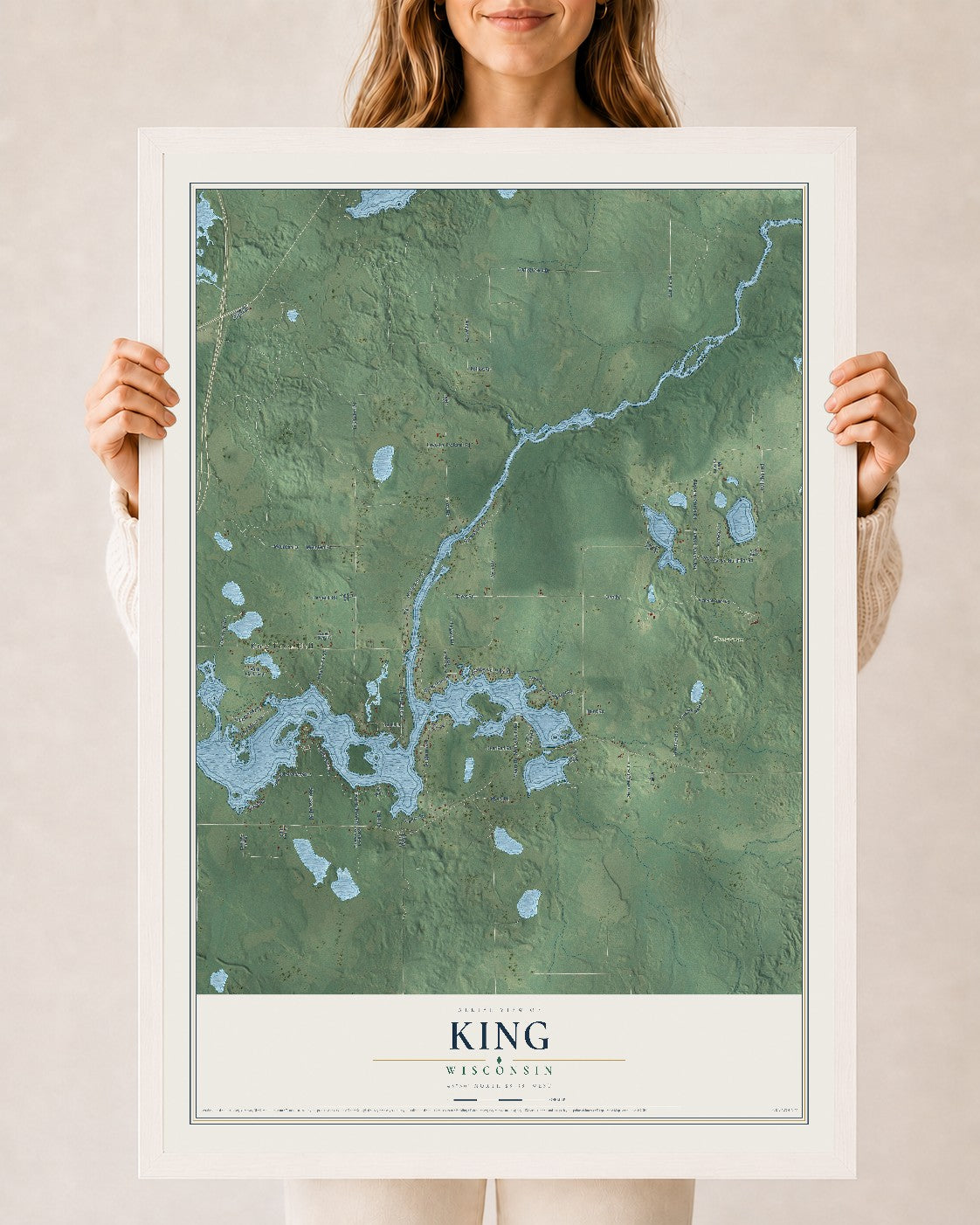 Map of King, Wisconsin, 24 x 36 inch print in a white wood frame