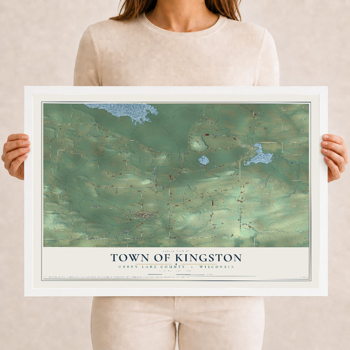 Map of the Town of Kingston, Green Lake County, Wisconsin, 12 x 18 inch print in a white wood frame