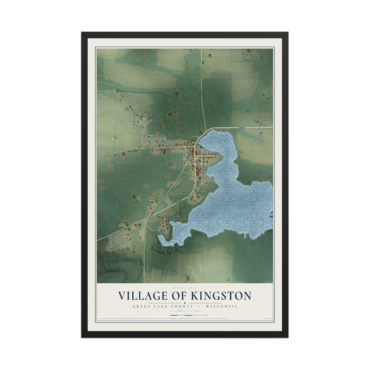 Map of Kingston, Wisconsin, 12 x 18 inch print in a black wood frame