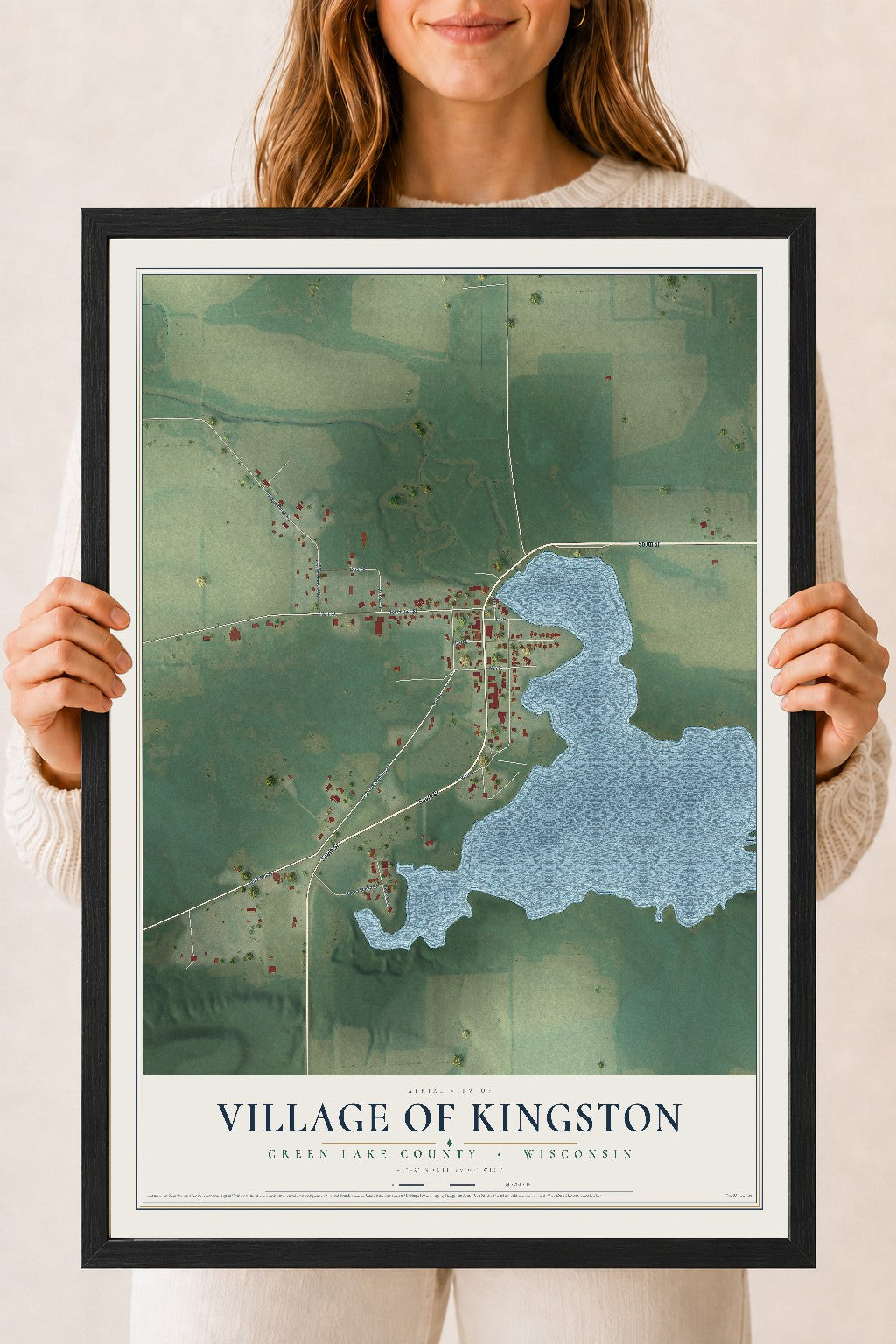 Map of Kingston, Wisconsin, 18 x 24 inch print in a black wood frame
