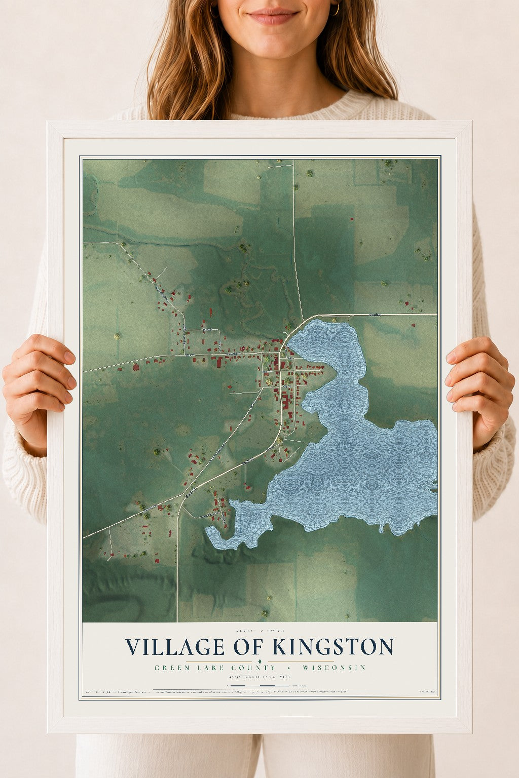 Map of Kingston, Wisconsin, 18 x 24 inch print in a white wood frame