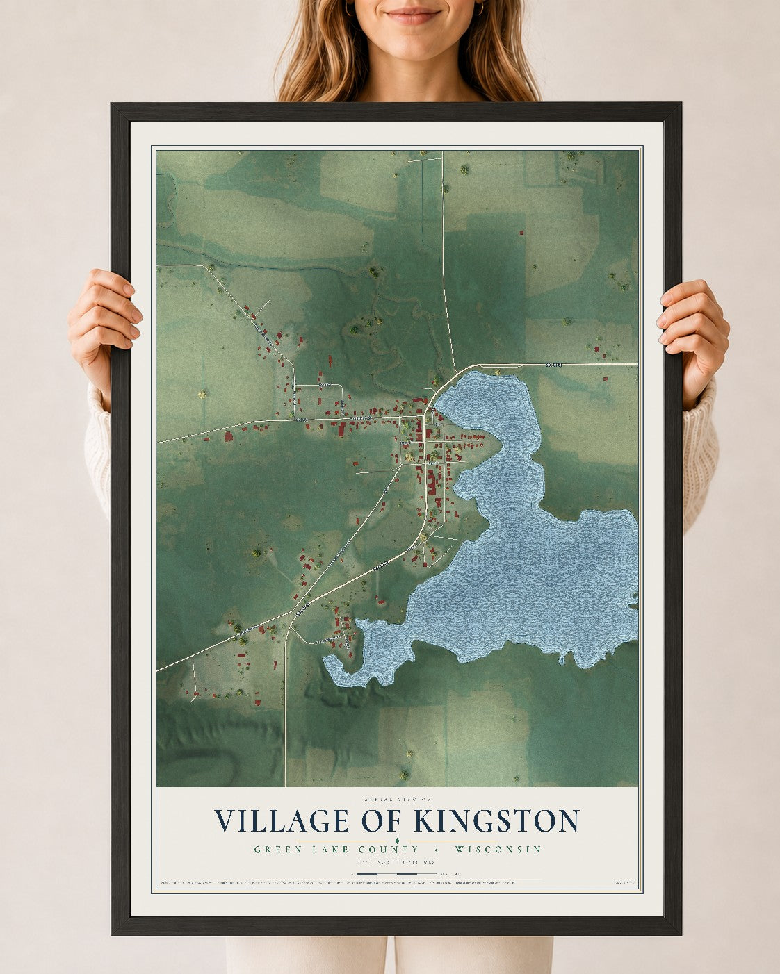 Map of Kingston, Wisconsin, 24 x 36 inch print in a black wood frame