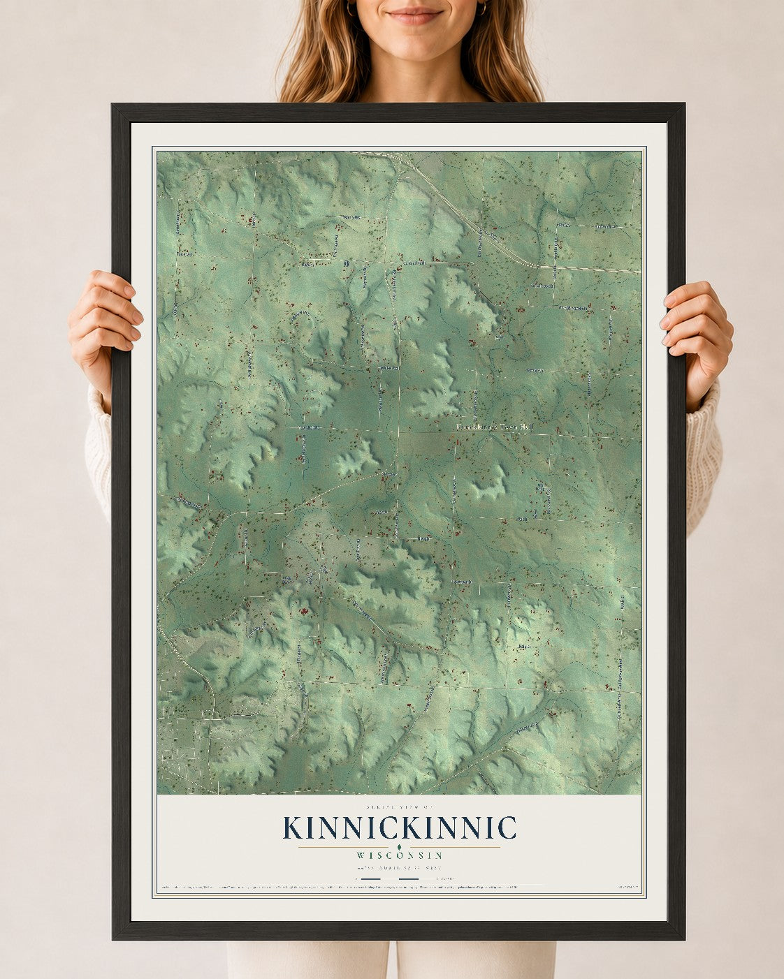 Map of Kinnickinnic, Wisconsin, 24 x 36 inch print in a black wood frame