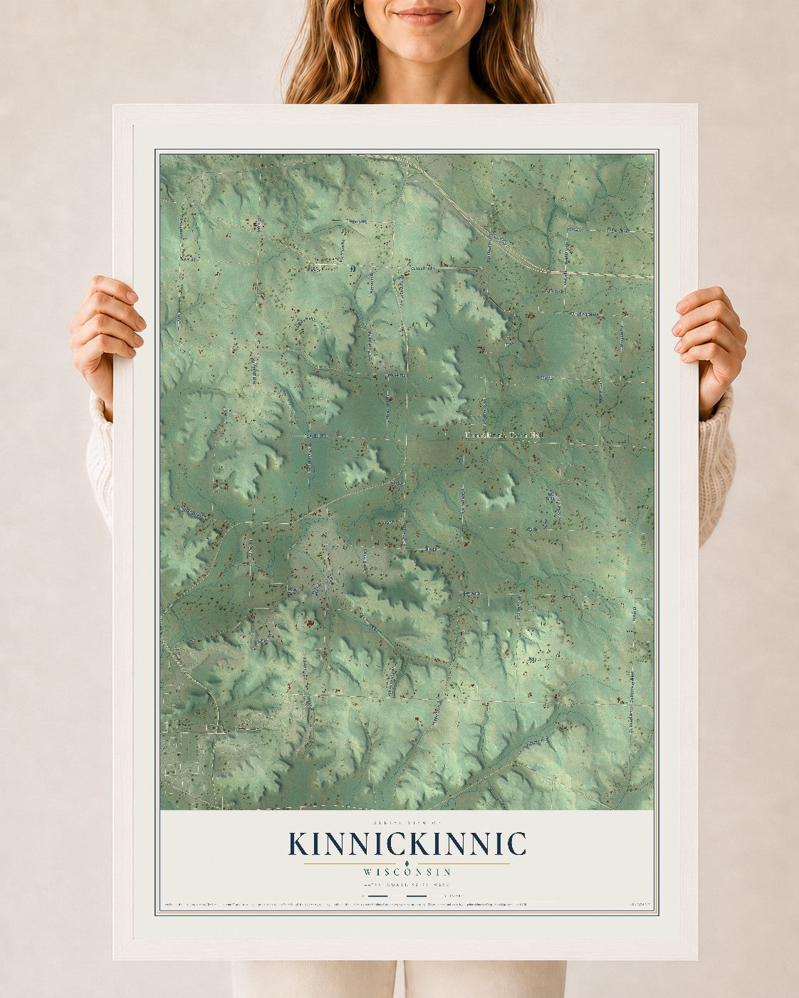 Map of Kinnickinnic, Wisconsin, 24 x 36 inch print in a white wood frame