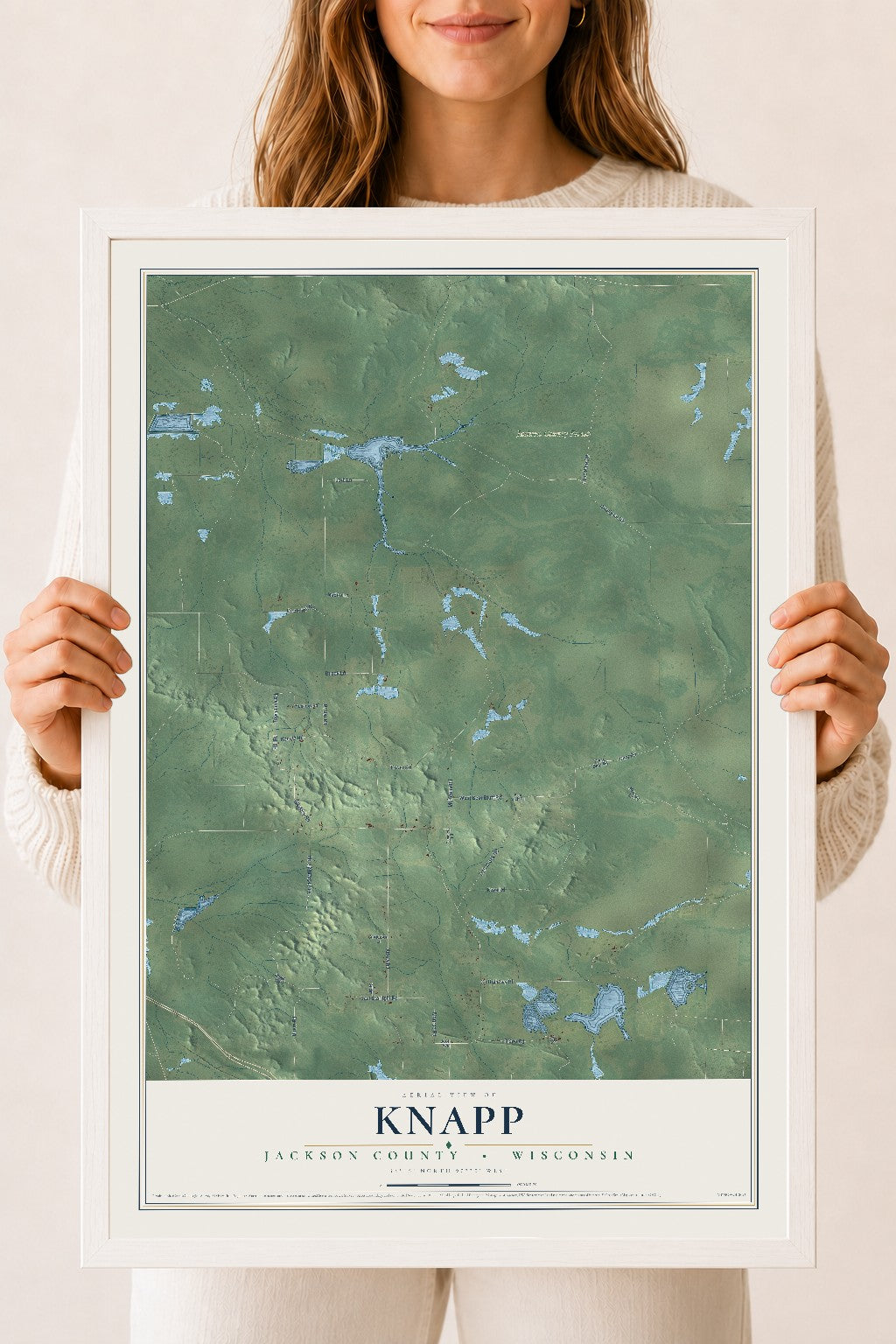 Map of Knapp, Jackson County, Wisconsin, 18 x 24 inch print in a white wood frame