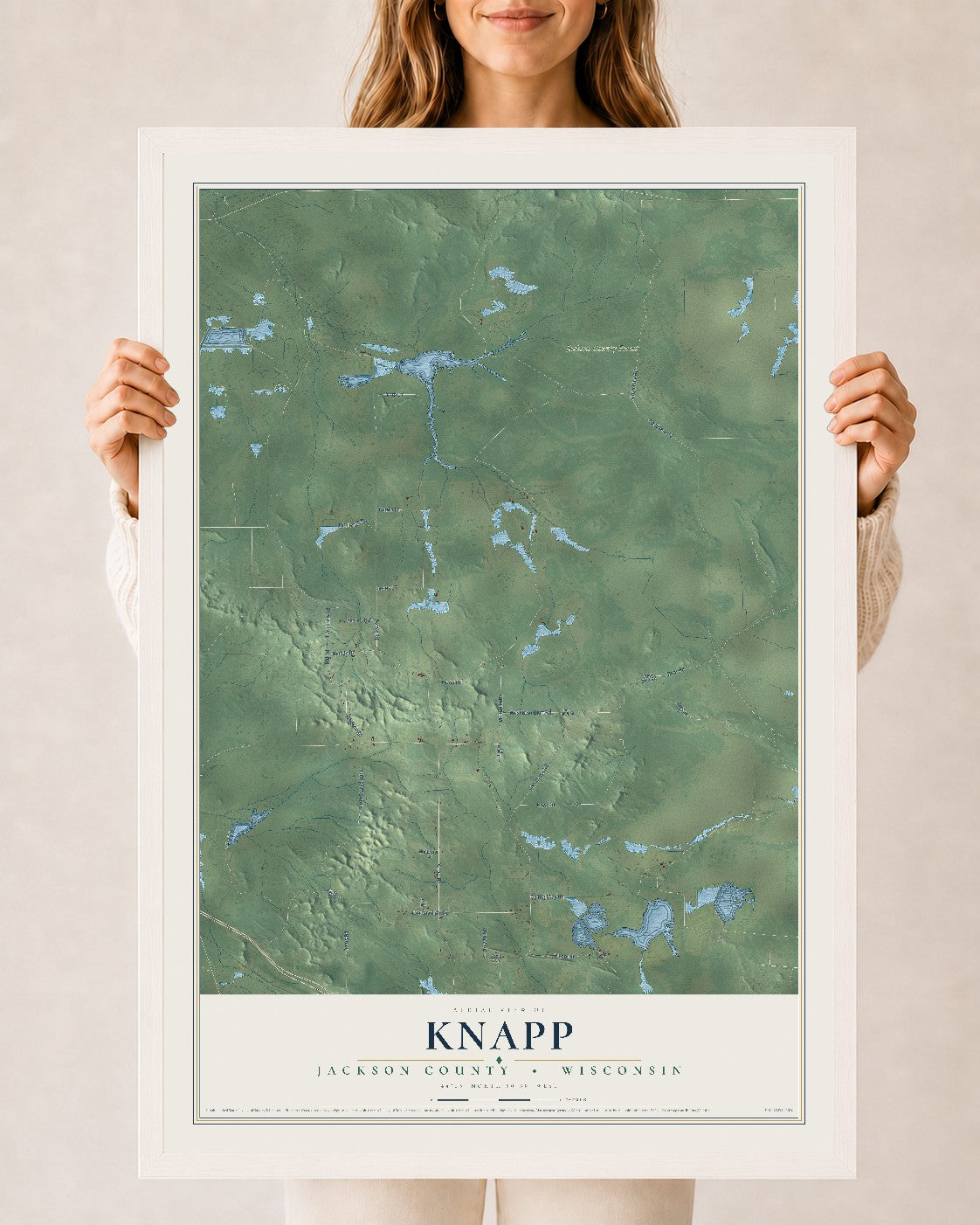 Map of Knapp, Jackson County, Wisconsin, 24 x 36 inch print in a white wood frame
