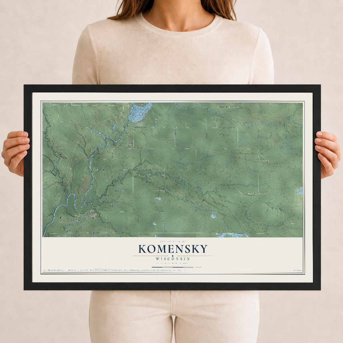 Map of Komensky, Wisconsin, 12 x 18 inch print in a black wood frame