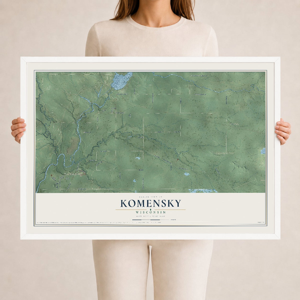 Map of Komensky, Wisconsin, 24 x 36 inch print in a white wood frame