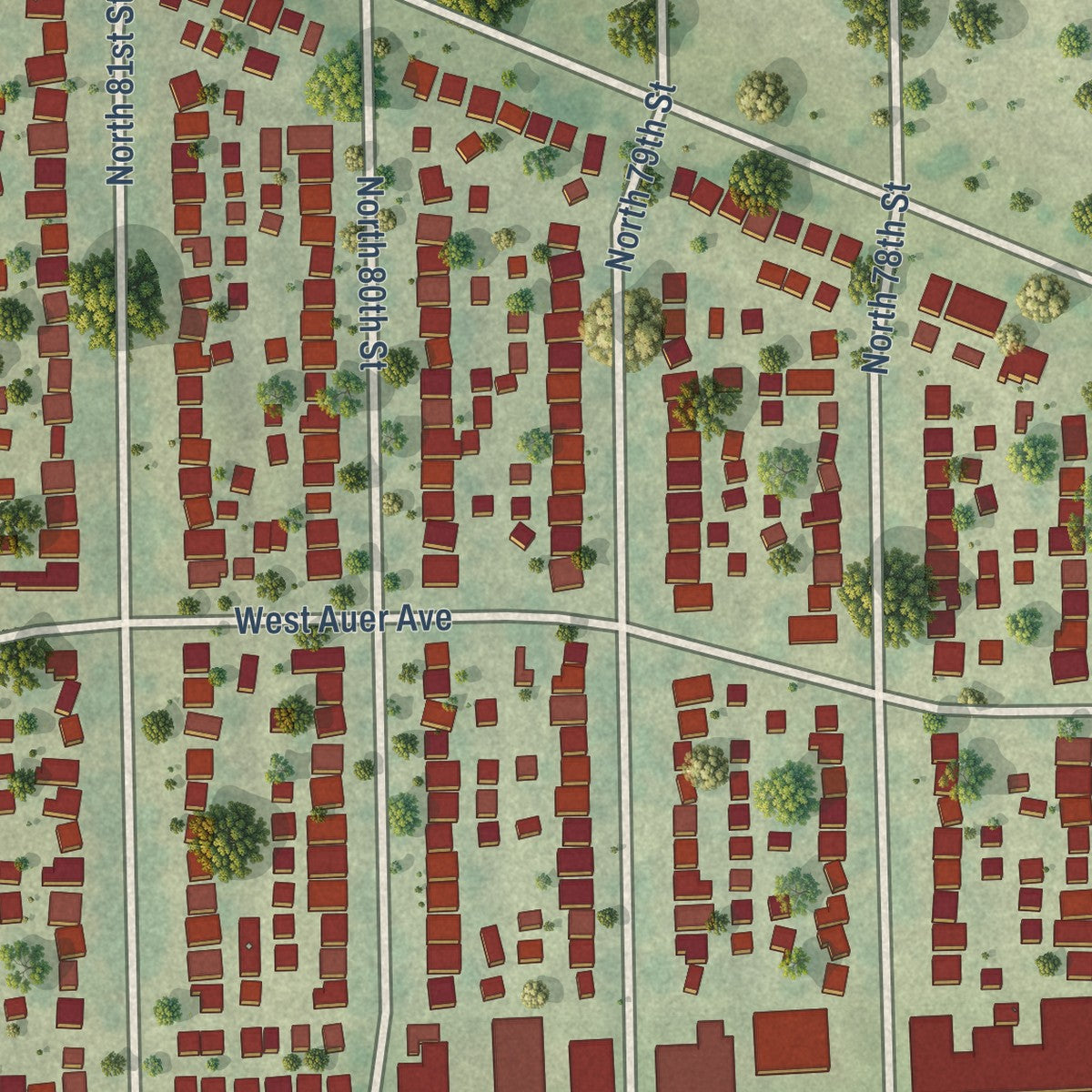 Close-up of the map of Kops Park, Wisconsin print showing street and building detail