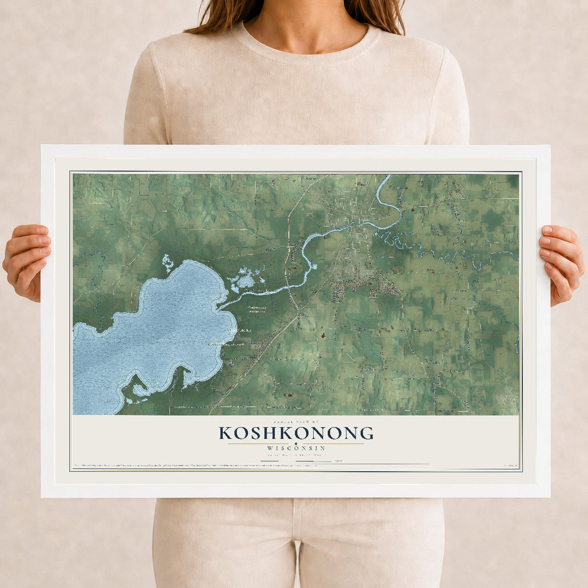 Map of Koshkonong, Wisconsin, 12 x 18 inch print in a white wood frame