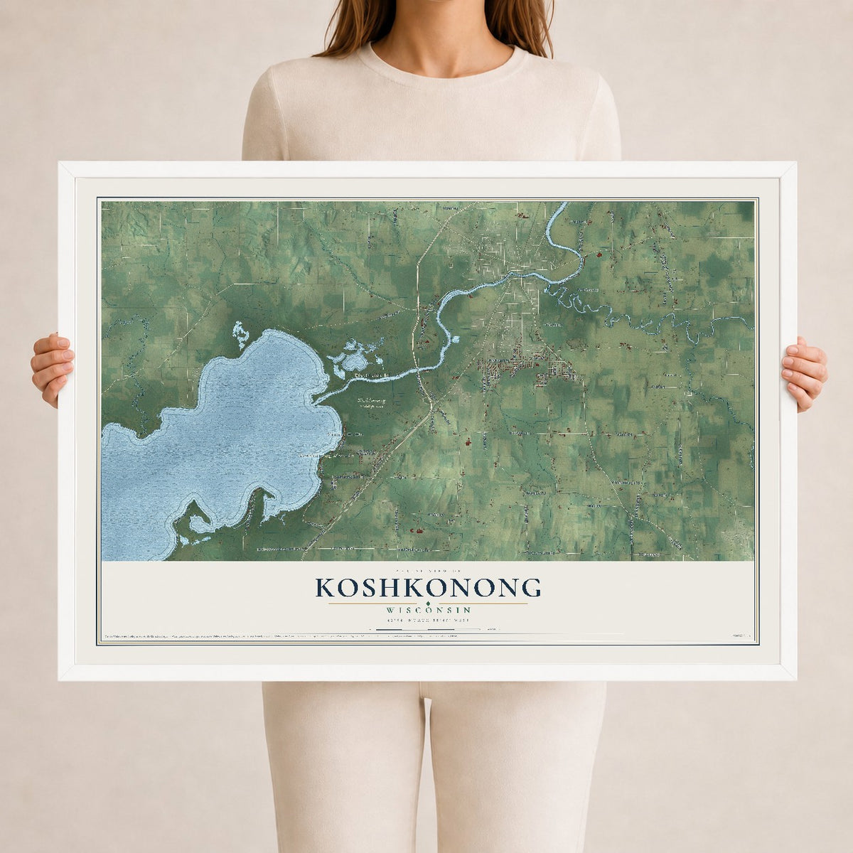 Map of Koshkonong, Wisconsin, 24 x 36 inch print in a white wood frame
