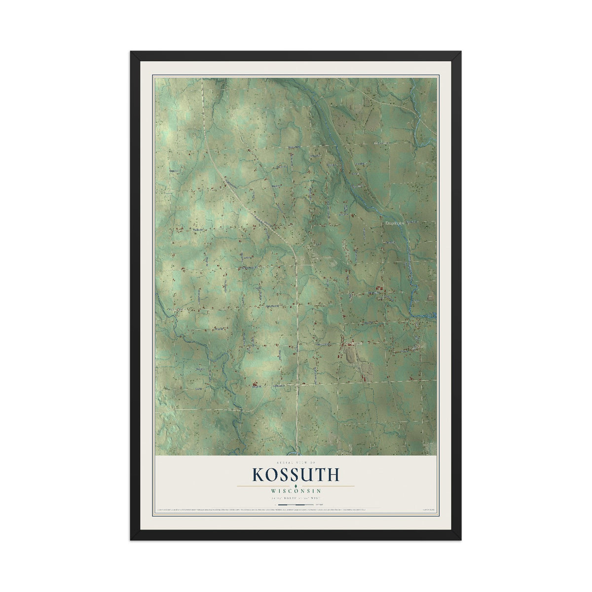 Map of Kossuth, Wisconsin, 12 x 18 inch print in a black wood frame