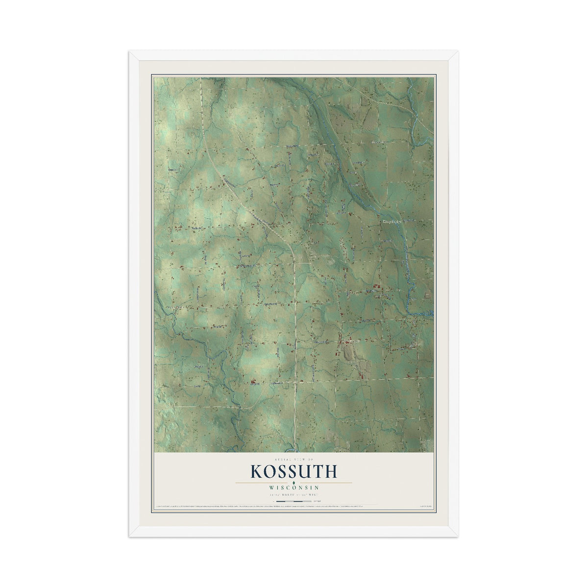 Map of Kossuth, Wisconsin, 12 x 18 inch print in a white wood frame