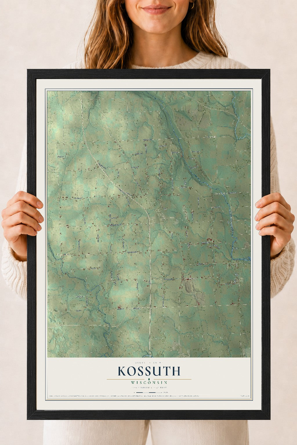 Map of Kossuth, Wisconsin, 18 x 24 inch print in a black wood frame