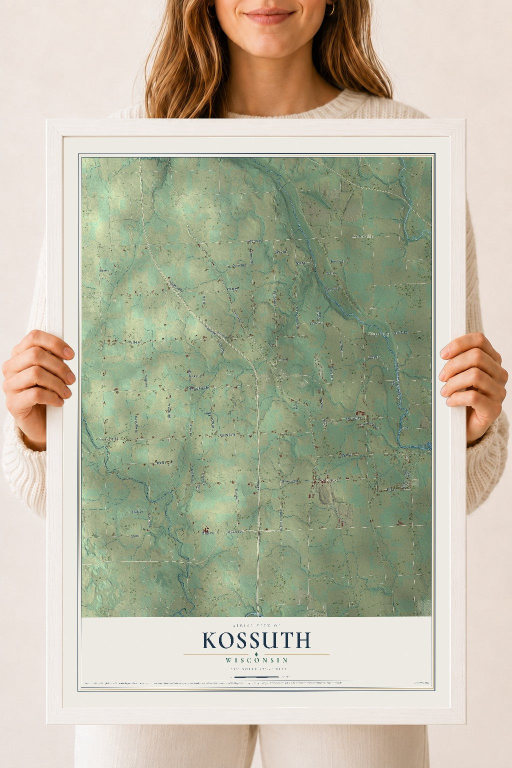 Map of Kossuth, Wisconsin, 18 x 24 inch print in a white wood frame