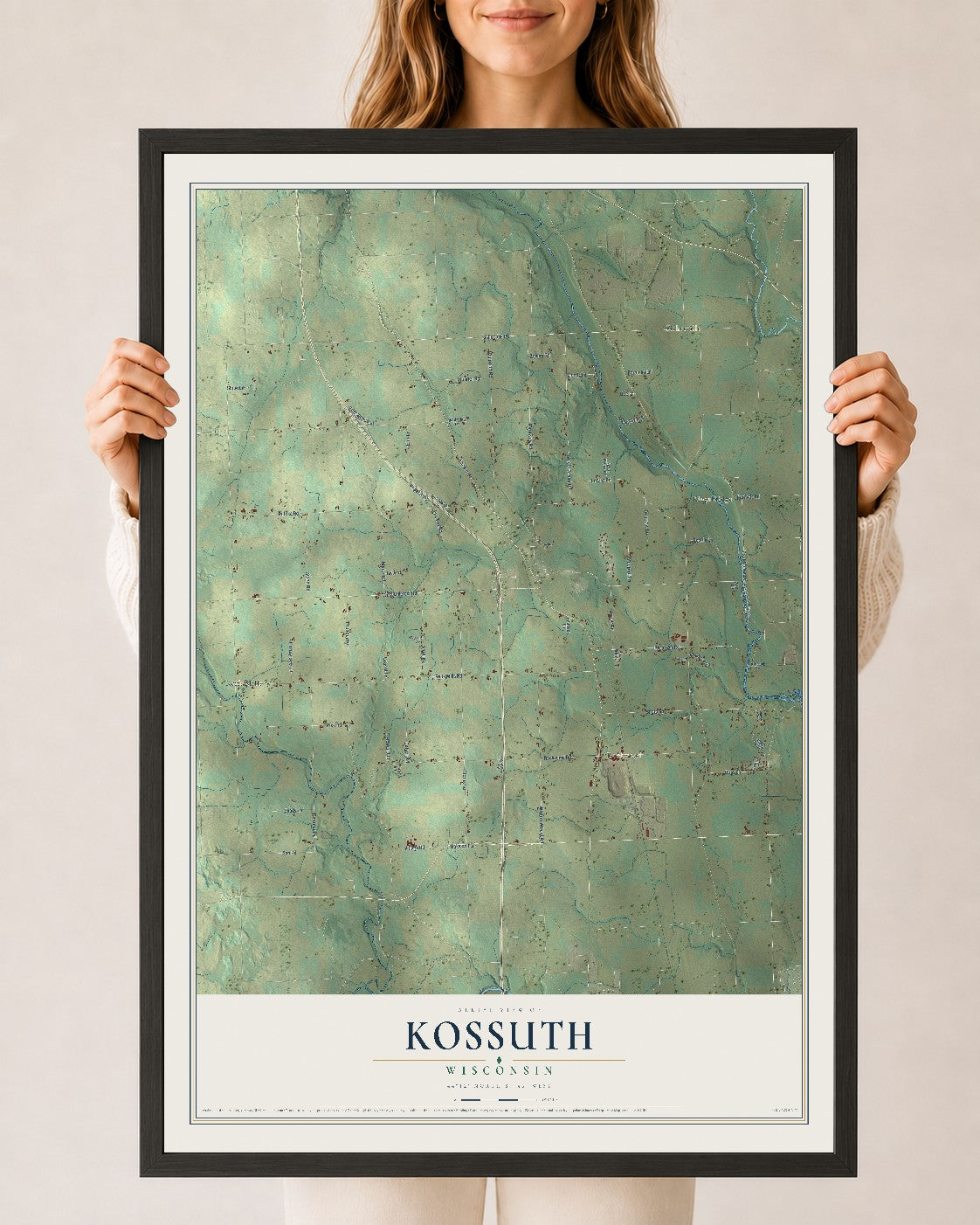 Map of Kossuth, Wisconsin, 24 x 36 inch print in a black wood frame