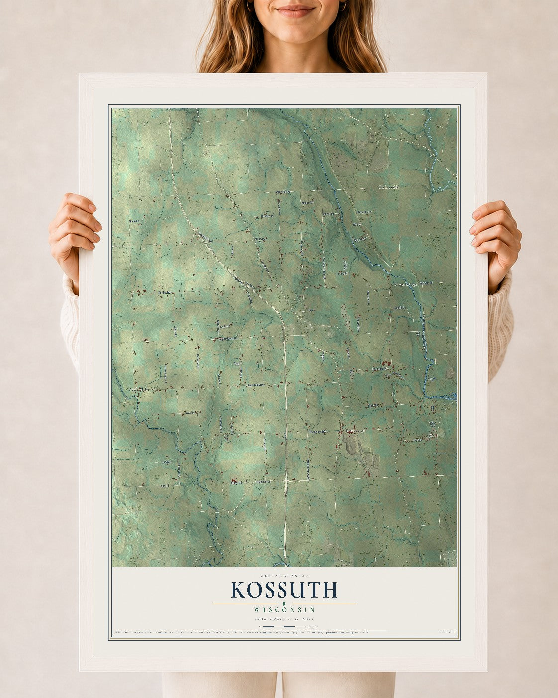 Map of Kossuth, Wisconsin, 24 x 36 inch print in a white wood frame
