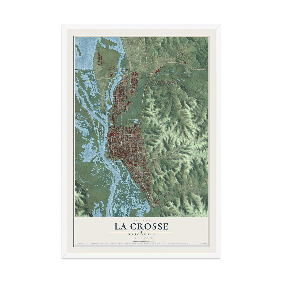 Map of La Crosse, Wisconsin, 12 x 18 inch print in a white wood frame