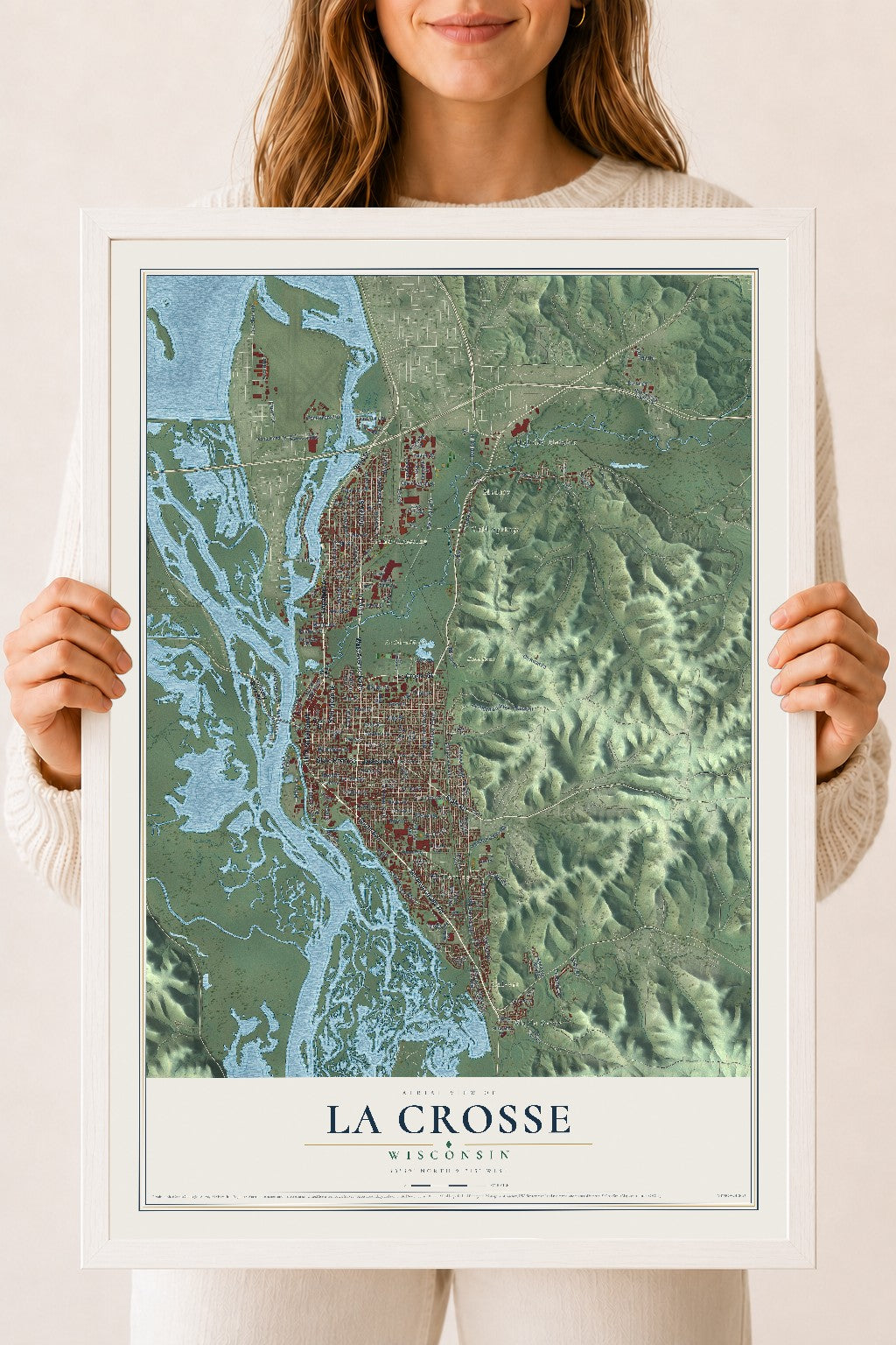 Map of La Crosse, Wisconsin, 18 x 24 inch print in a white wood frame