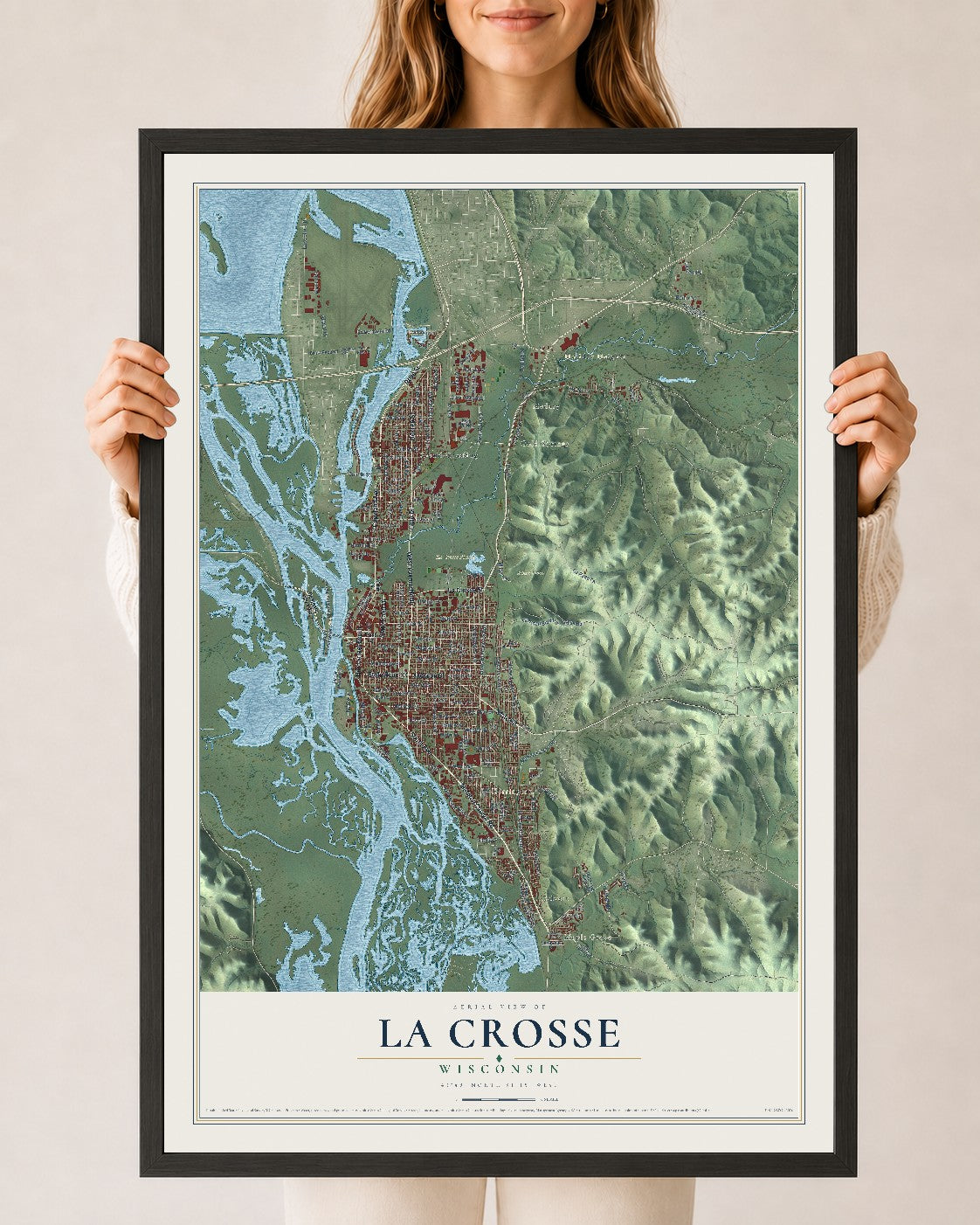 Map of La Crosse, Wisconsin, 24 x 36 inch print in a black wood frame