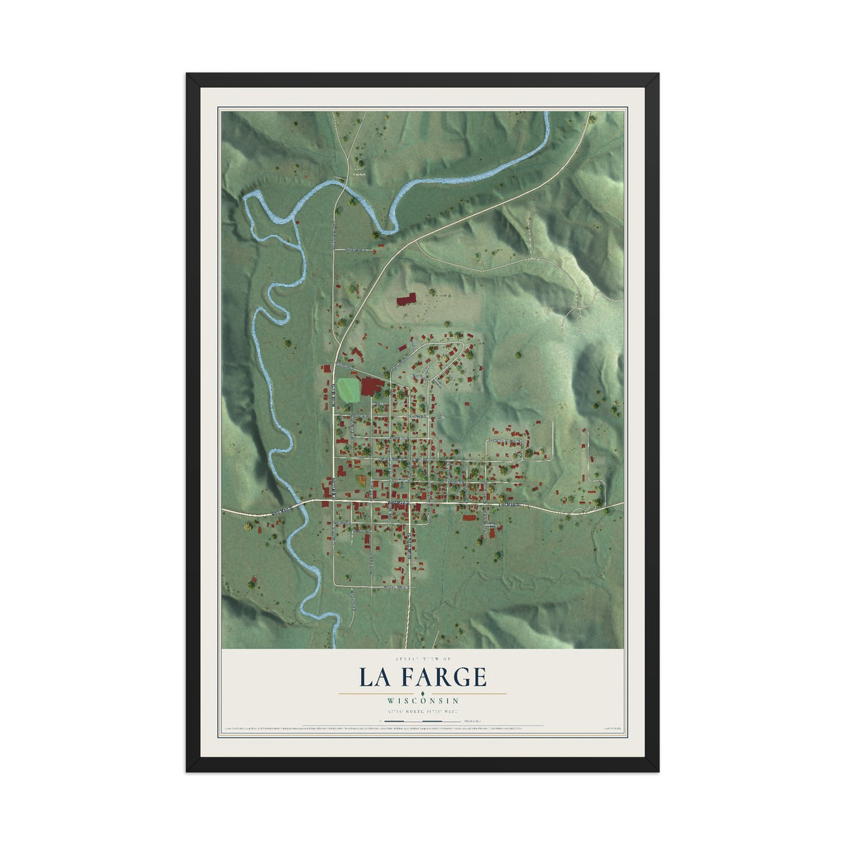 Map of La Farge, Wisconsin, 12 x 18 inch print in a black wood frame