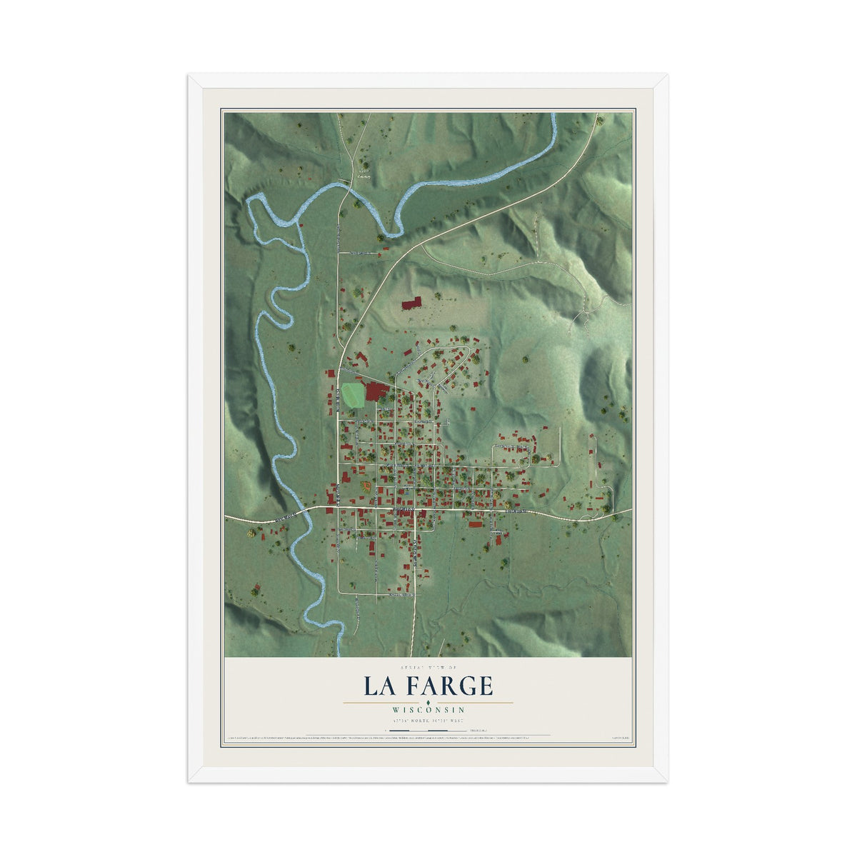 Map of La Farge, Wisconsin, 12 x 18 inch print in a white wood frame