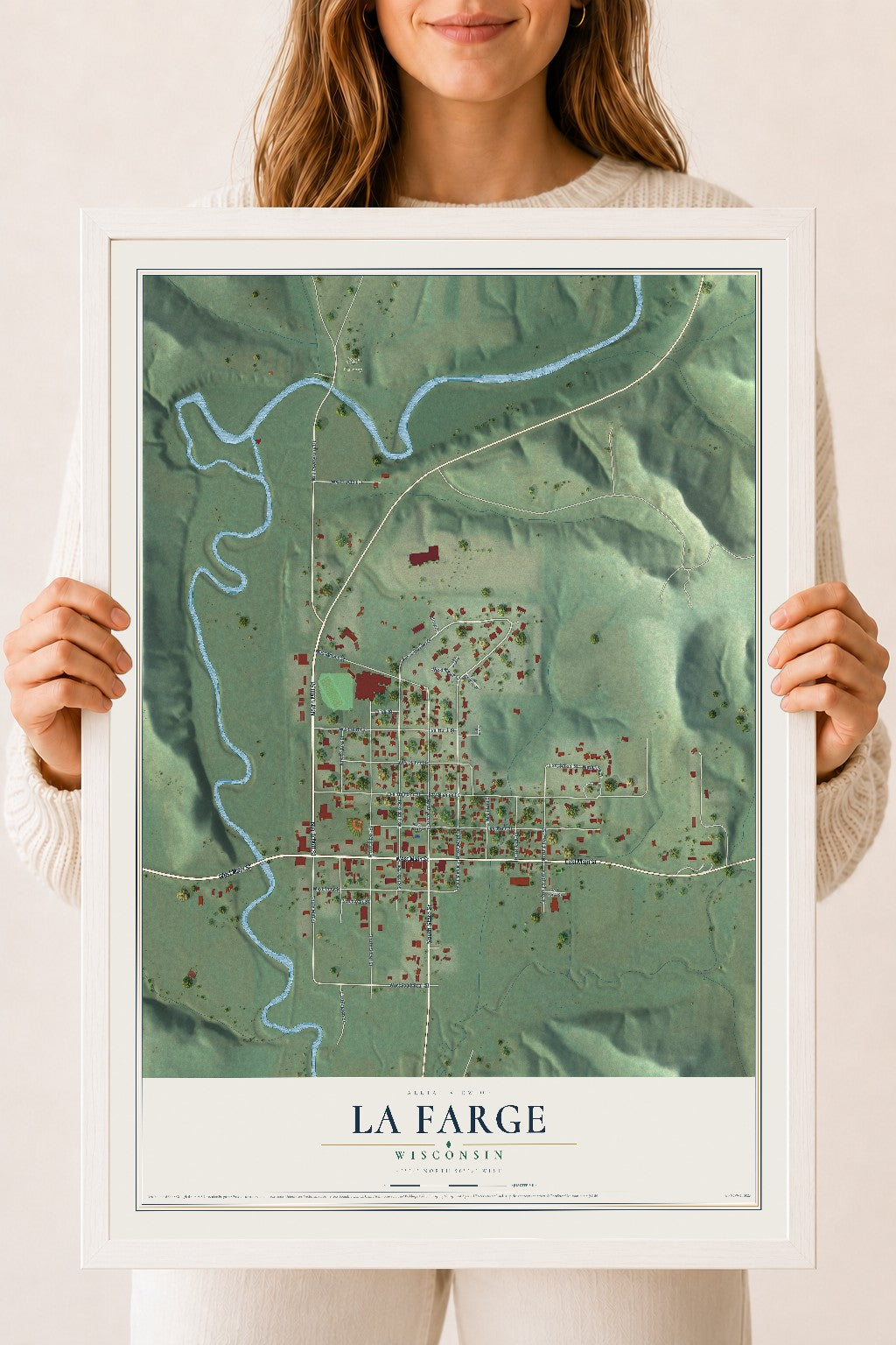 Map of La Farge, Wisconsin, 18 x 24 inch print in a white wood frame