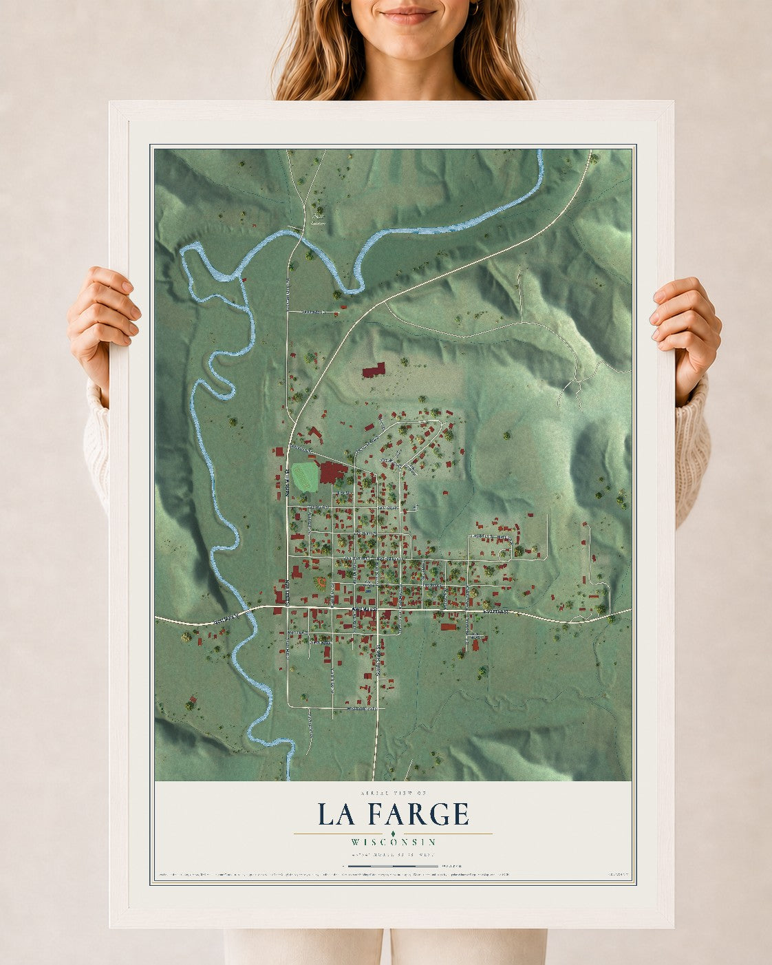 Map of La Farge, Wisconsin, 24 x 36 inch print in a white wood frame