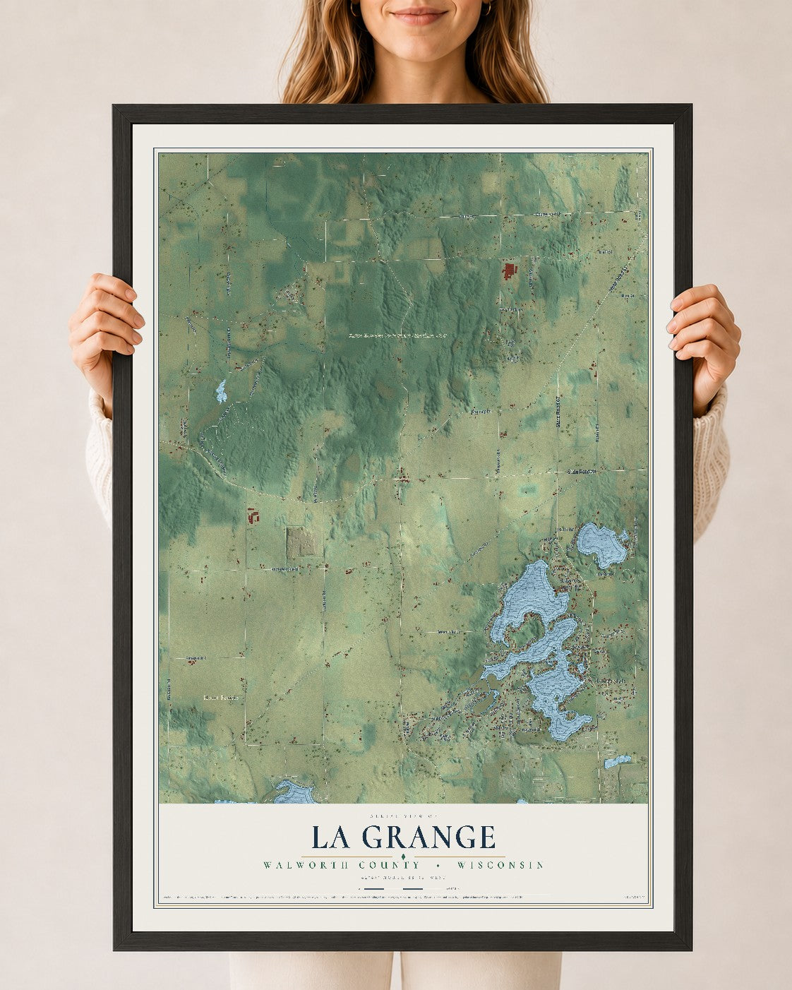 Map of La Grange, Walworth County, Wisconsin, 24 x 36 inch print in a black wood frame