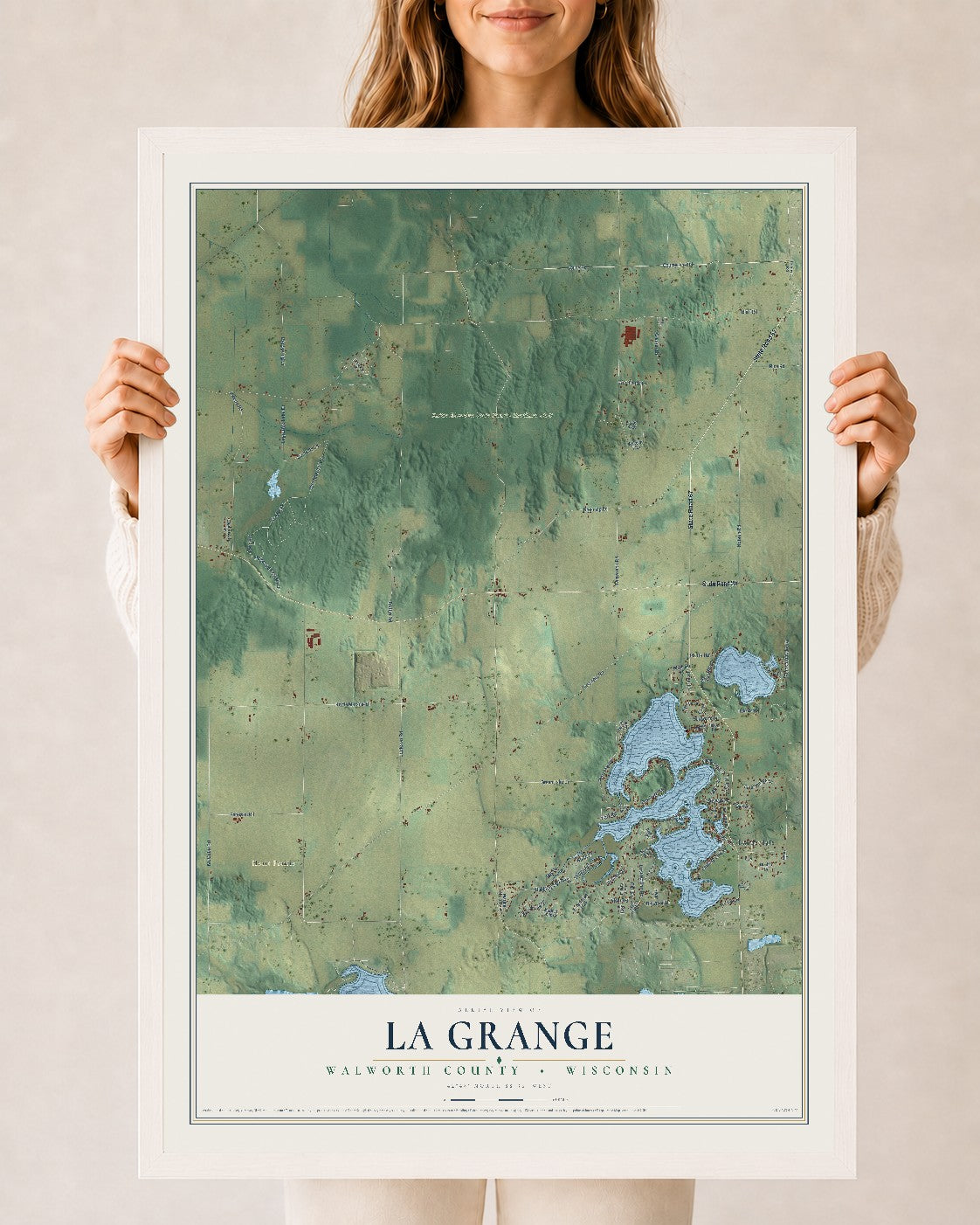 Map of La Grange, Walworth County, Wisconsin, 24 x 36 inch print in a white wood frame