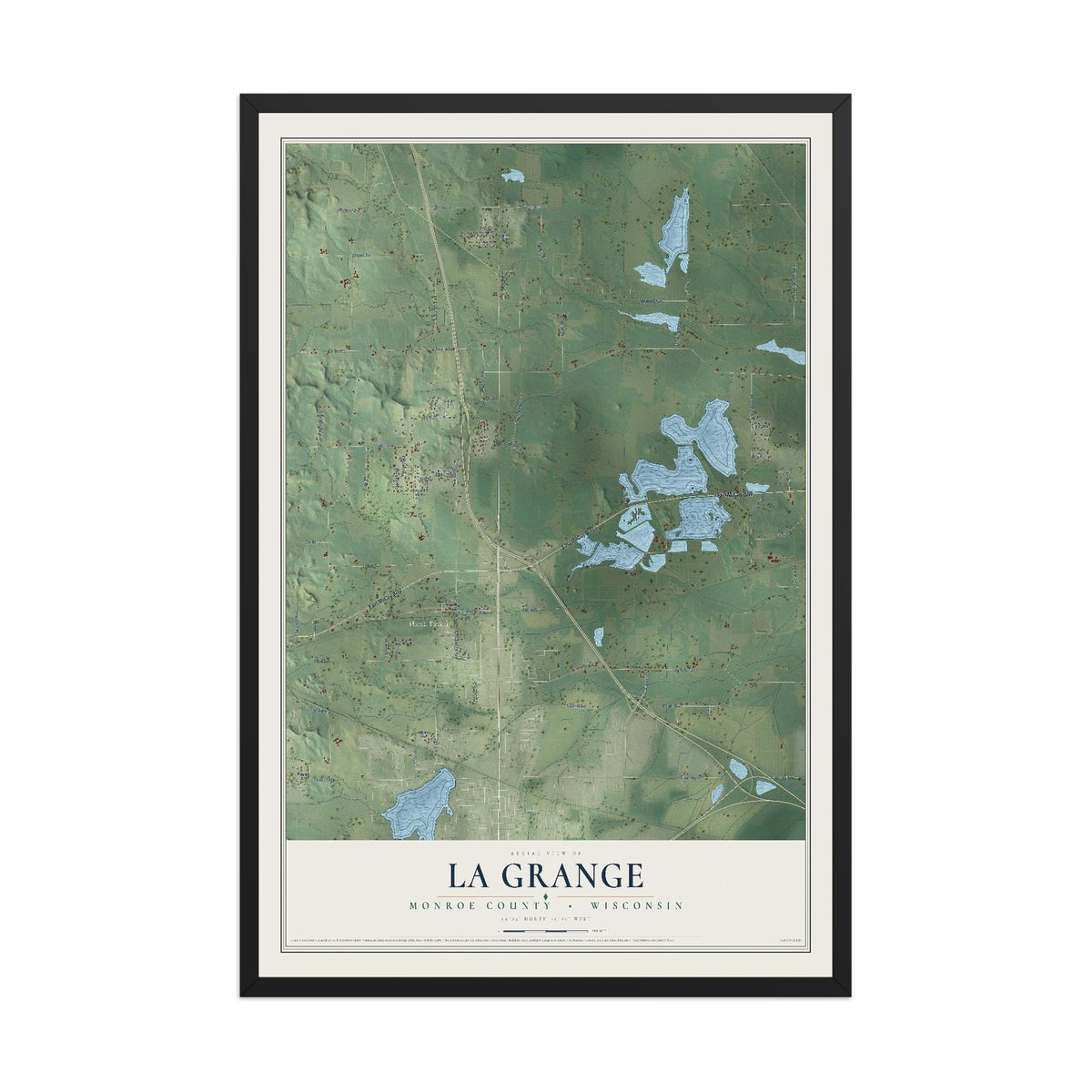 Map of La Grange, Monroe County, Wisconsin, 12 x 18 inch print in a black wood frame