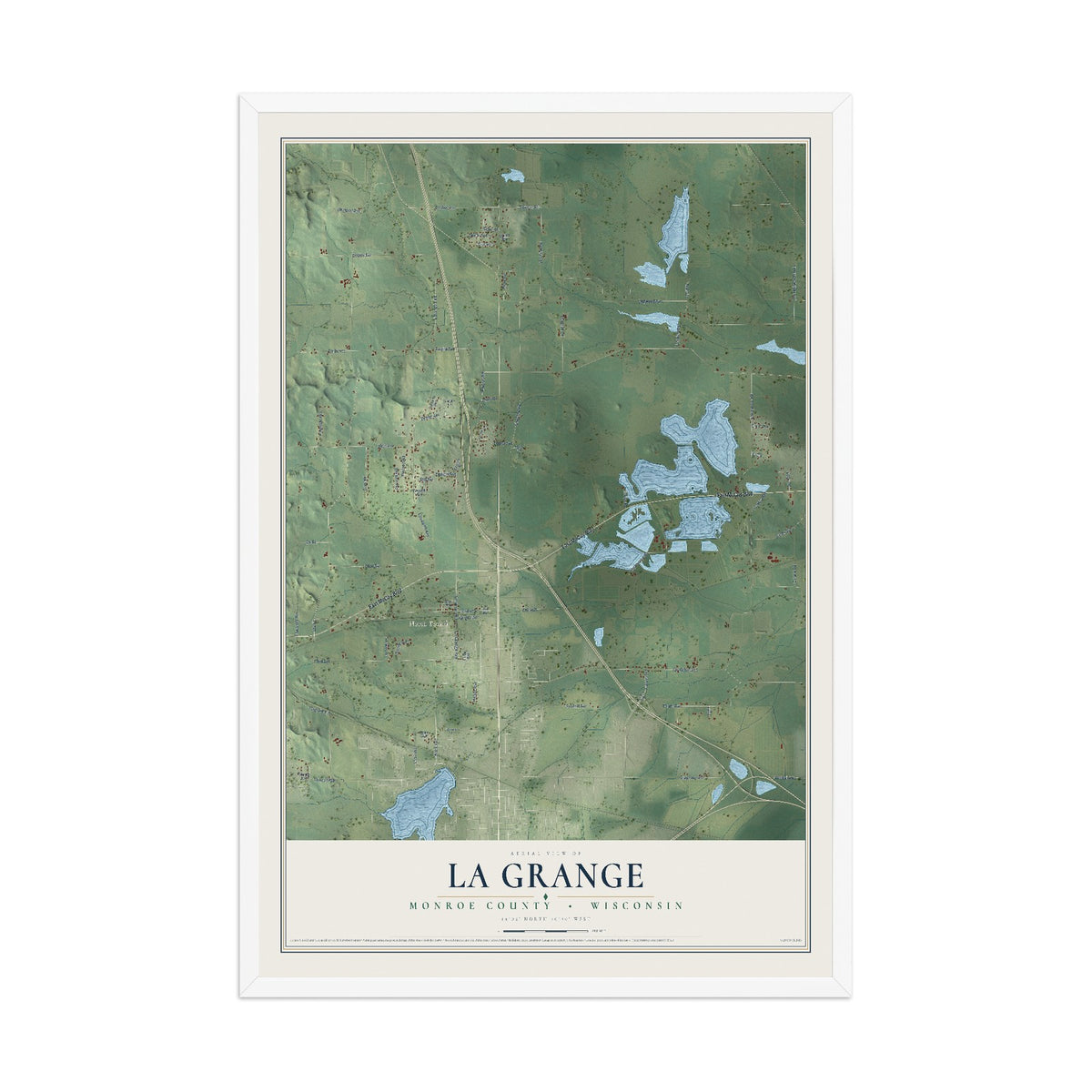 Map of La Grange, Monroe County, Wisconsin, 12 x 18 inch print in a white wood frame