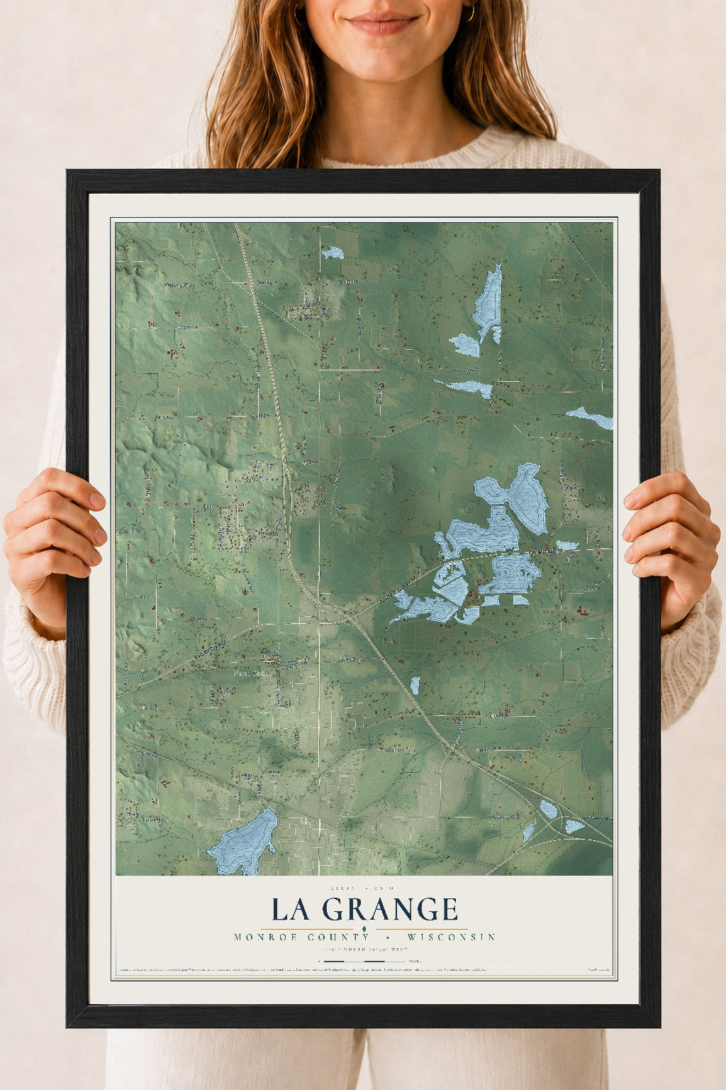Map of La Grange, Monroe County, Wisconsin, 18 x 24 inch print in a black wood frame