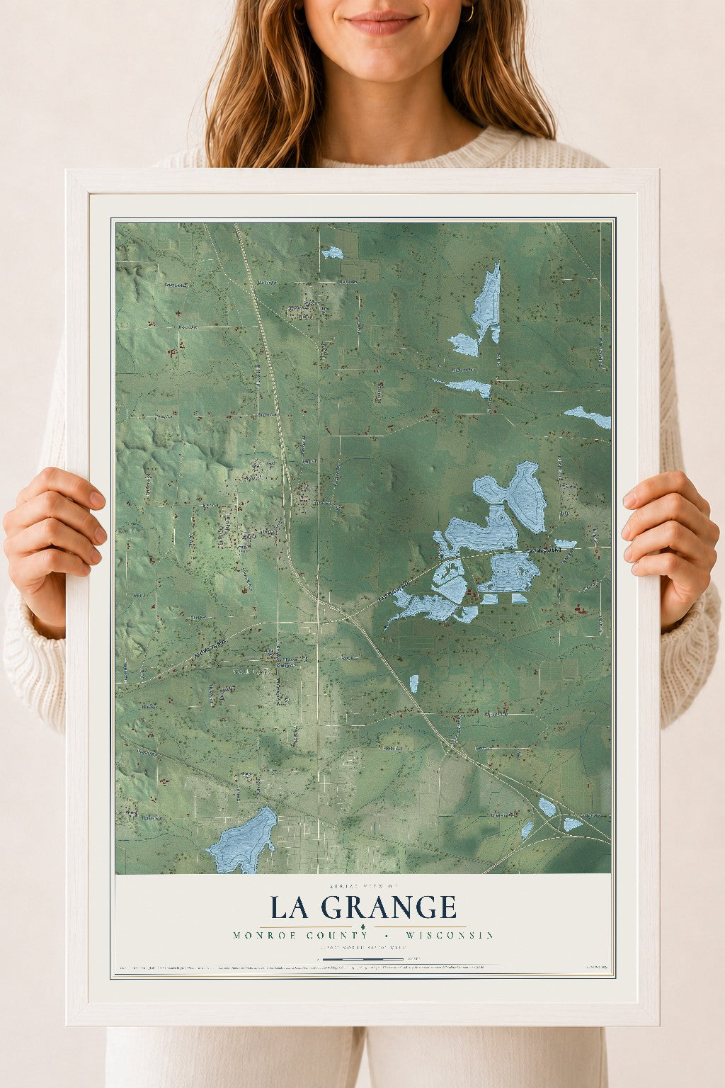 Map of La Grange, Monroe County, Wisconsin, 18 x 24 inch print in a white wood frame