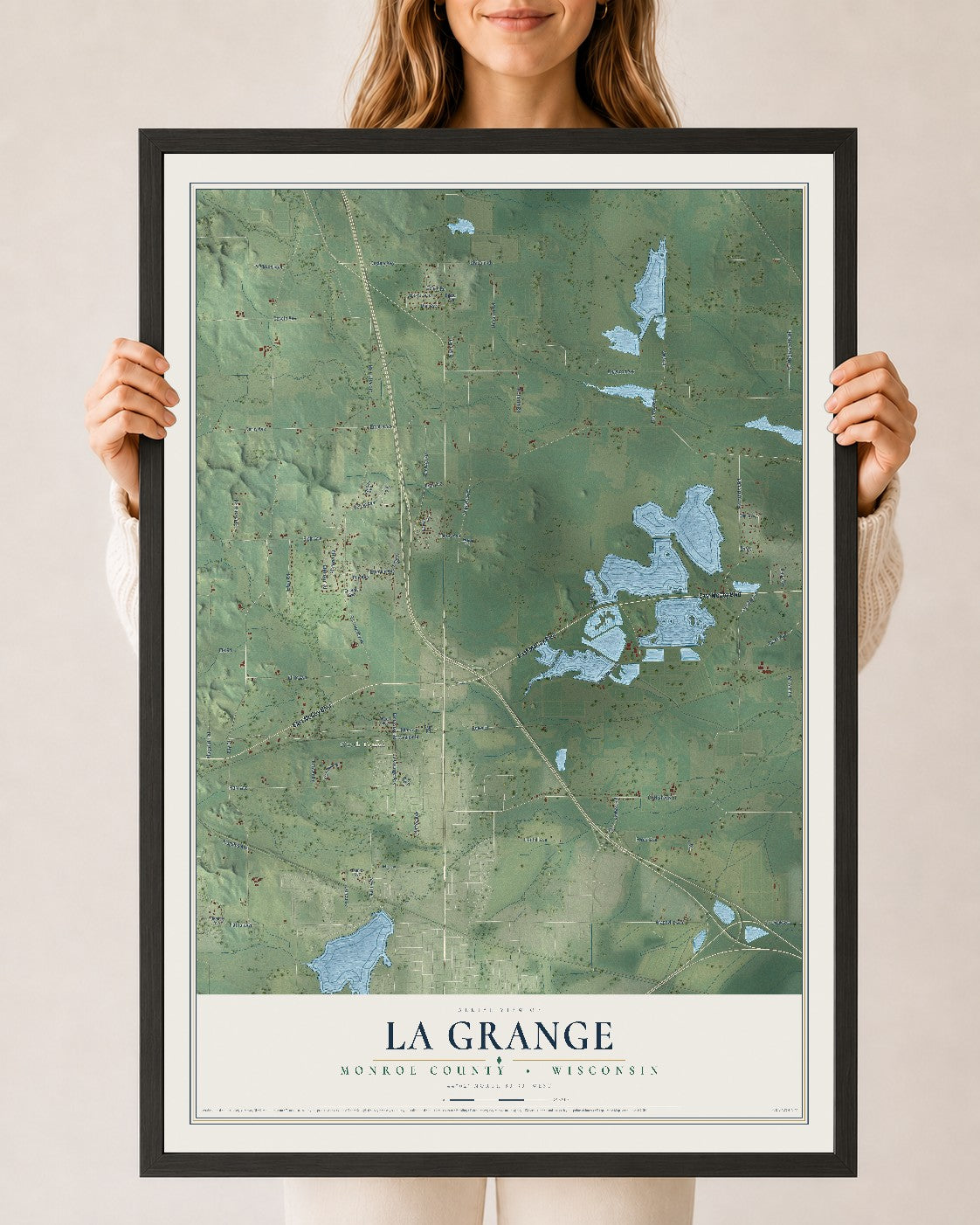 Map of La Grange, Monroe County, Wisconsin, 24 x 36 inch print in a black wood frame