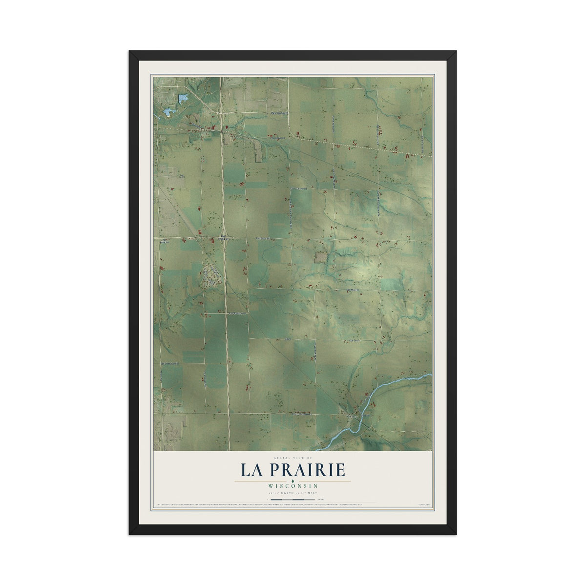 Map of La Prairie, Wisconsin, 12 x 18 inch print in a black wood frame