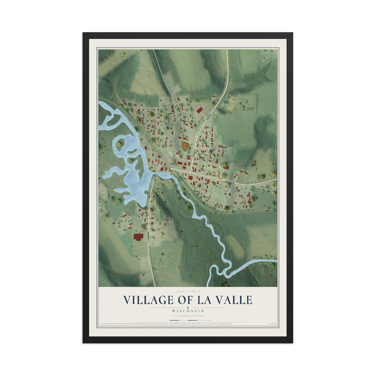 Map of La Valle, Wisconsin, 12 x 18 inch print in a black wood frame