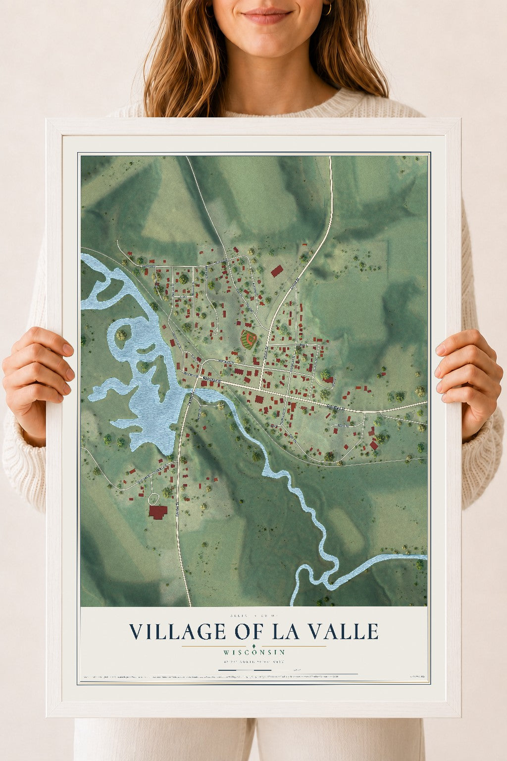 Map of La Valle, Wisconsin, 18 x 24 inch print in a white wood frame