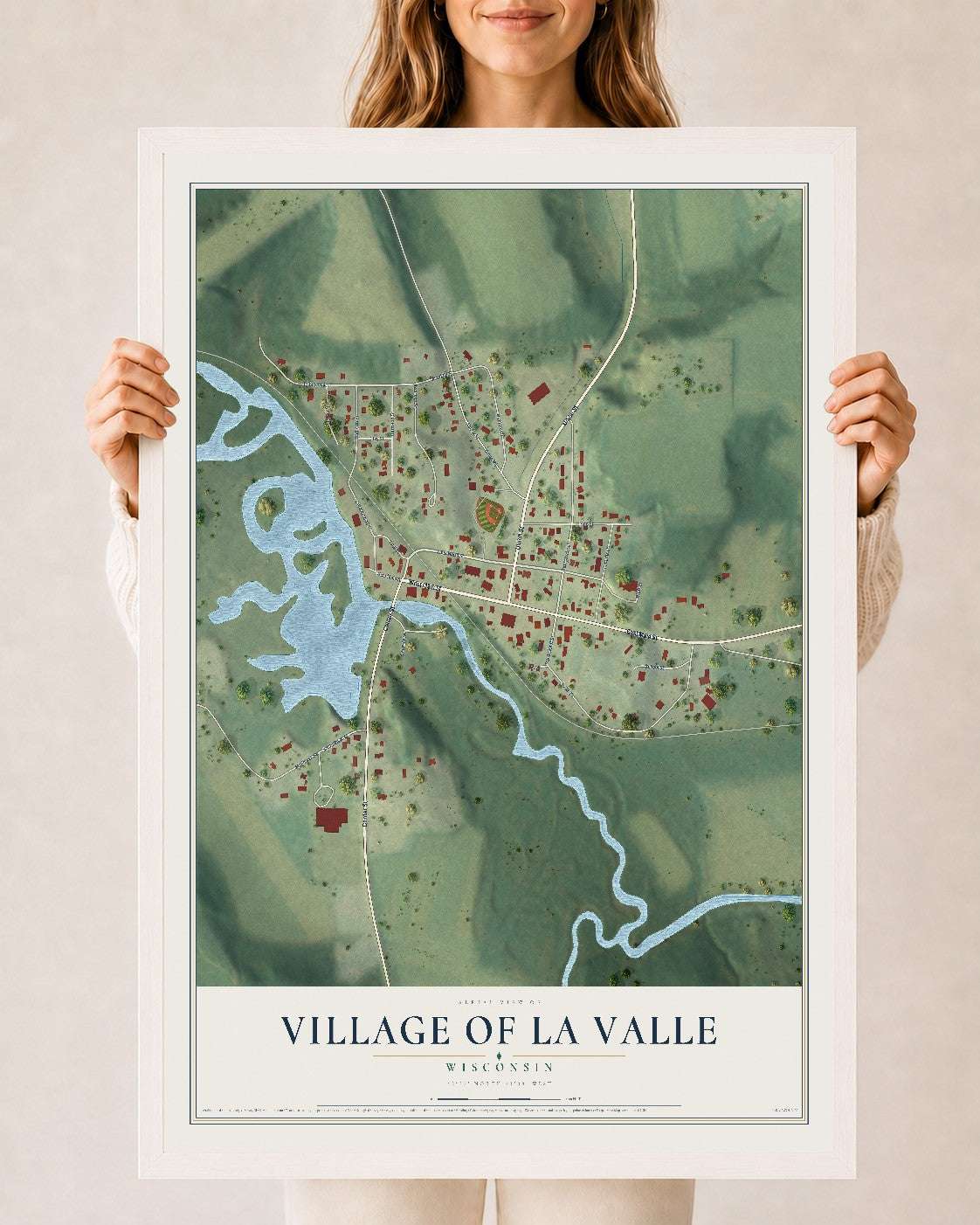 Map of La Valle, Wisconsin, 24 x 36 inch print in a white wood frame