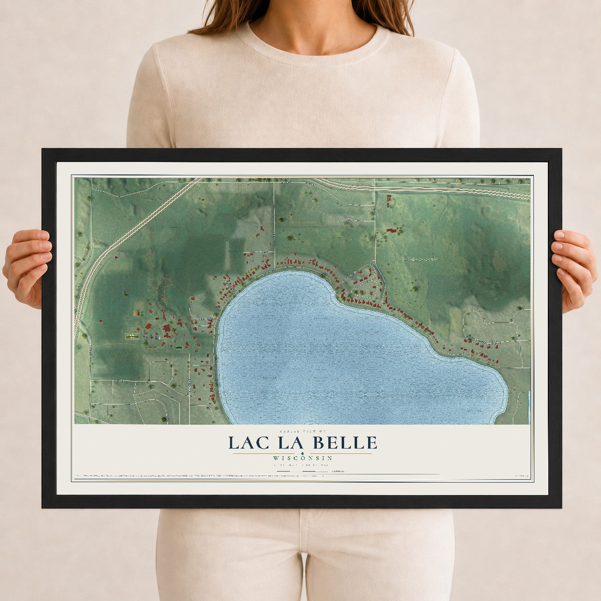 Map of Lac La Belle, Wisconsin, 12 x 18 inch print in a black wood frame