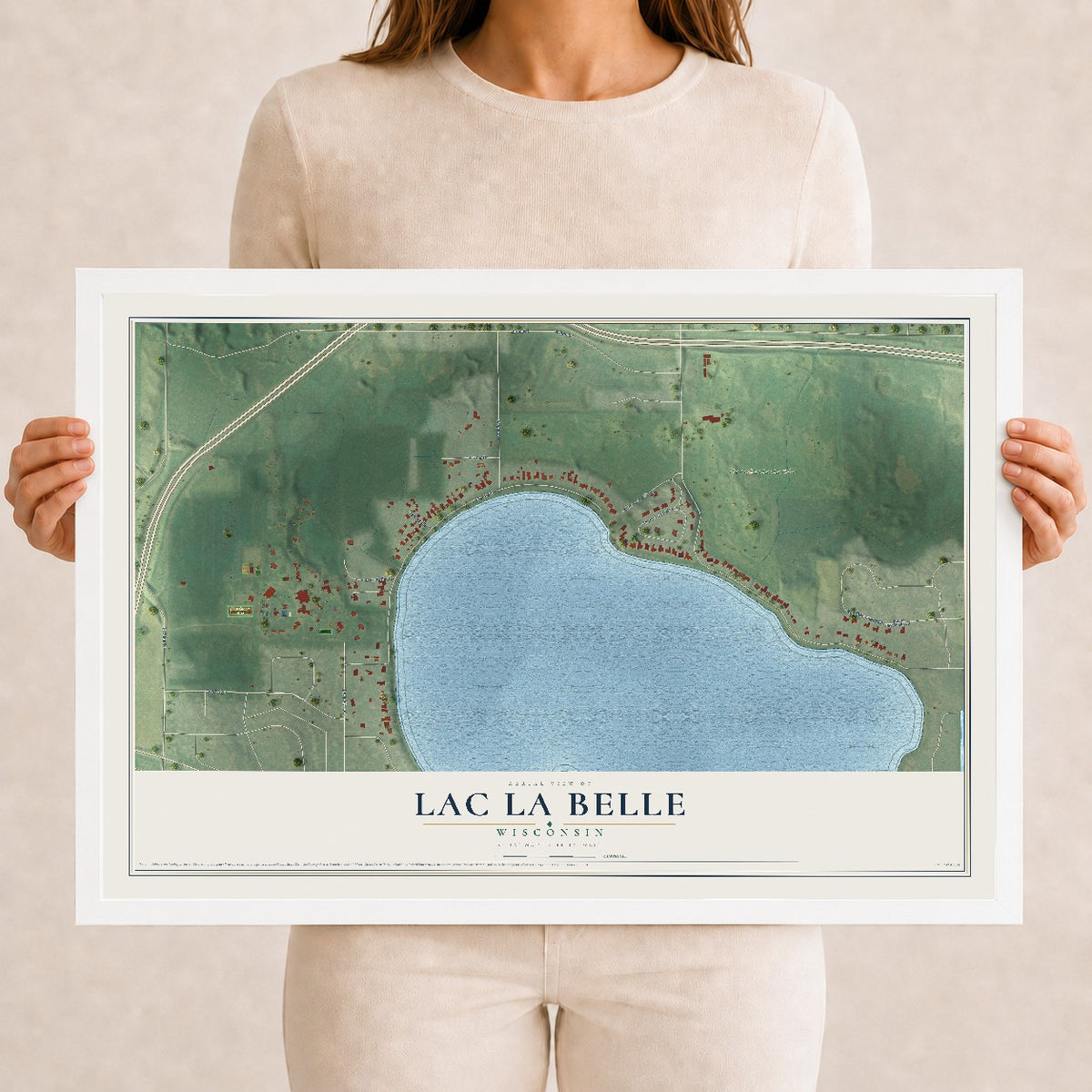 Map of Lac La Belle, Wisconsin, 12 x 18 inch print in a white wood frame