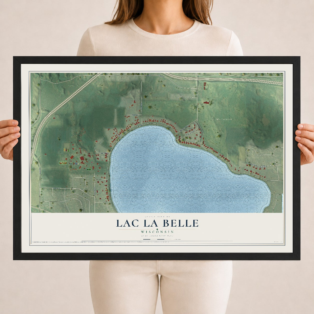Map of Lac La Belle, Wisconsin, 18 x 24 inch print in a black wood frame