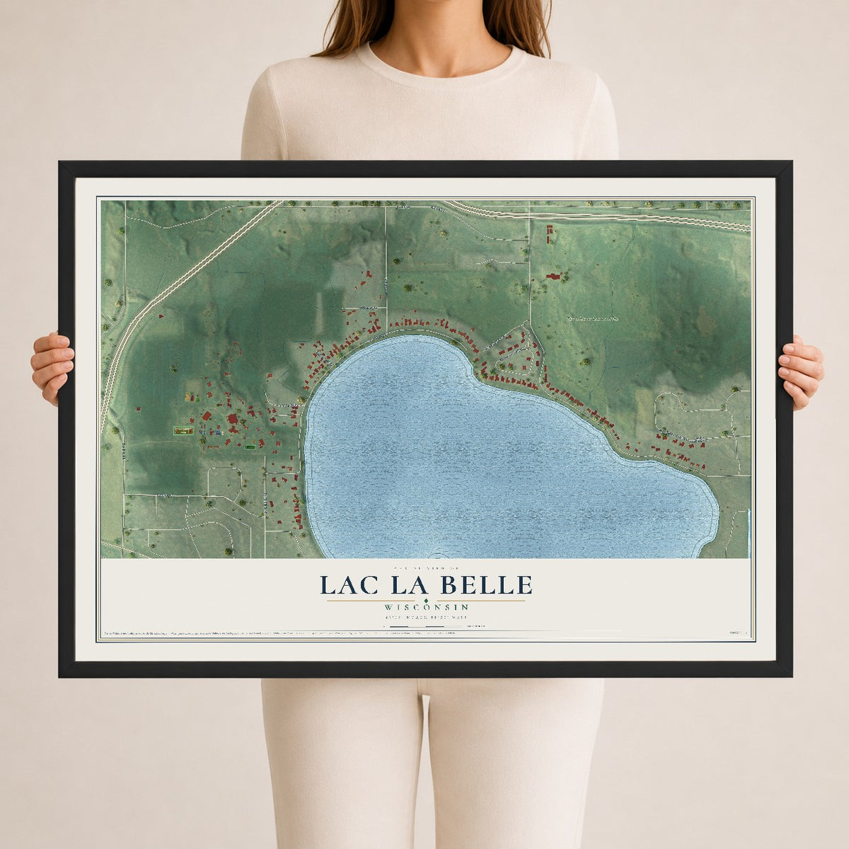 Map of Lac La Belle, Wisconsin, 24 x 36 inch print in a black wood frame