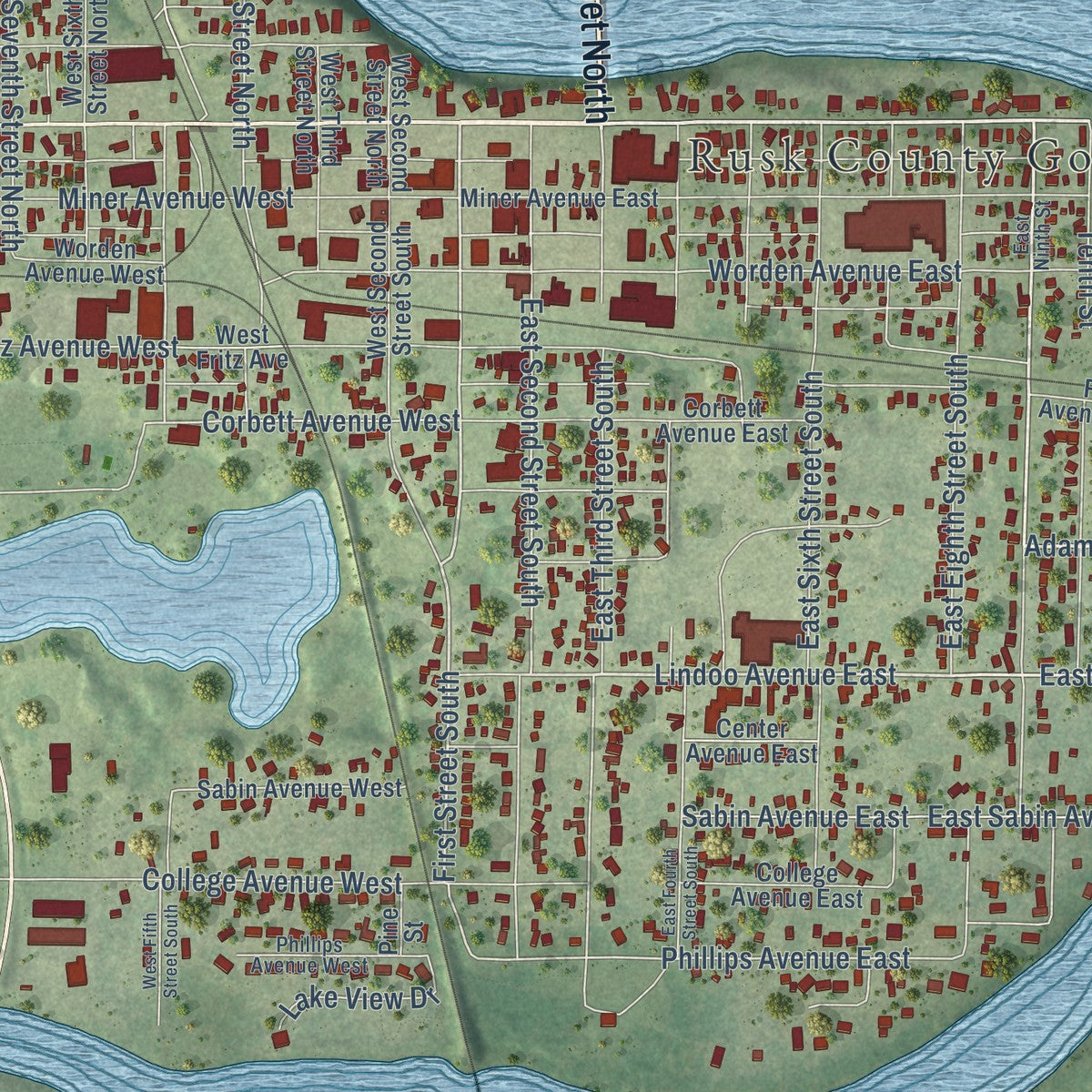 Close-up of the map of Ladysmith, Wisconsin print showing street and building detail