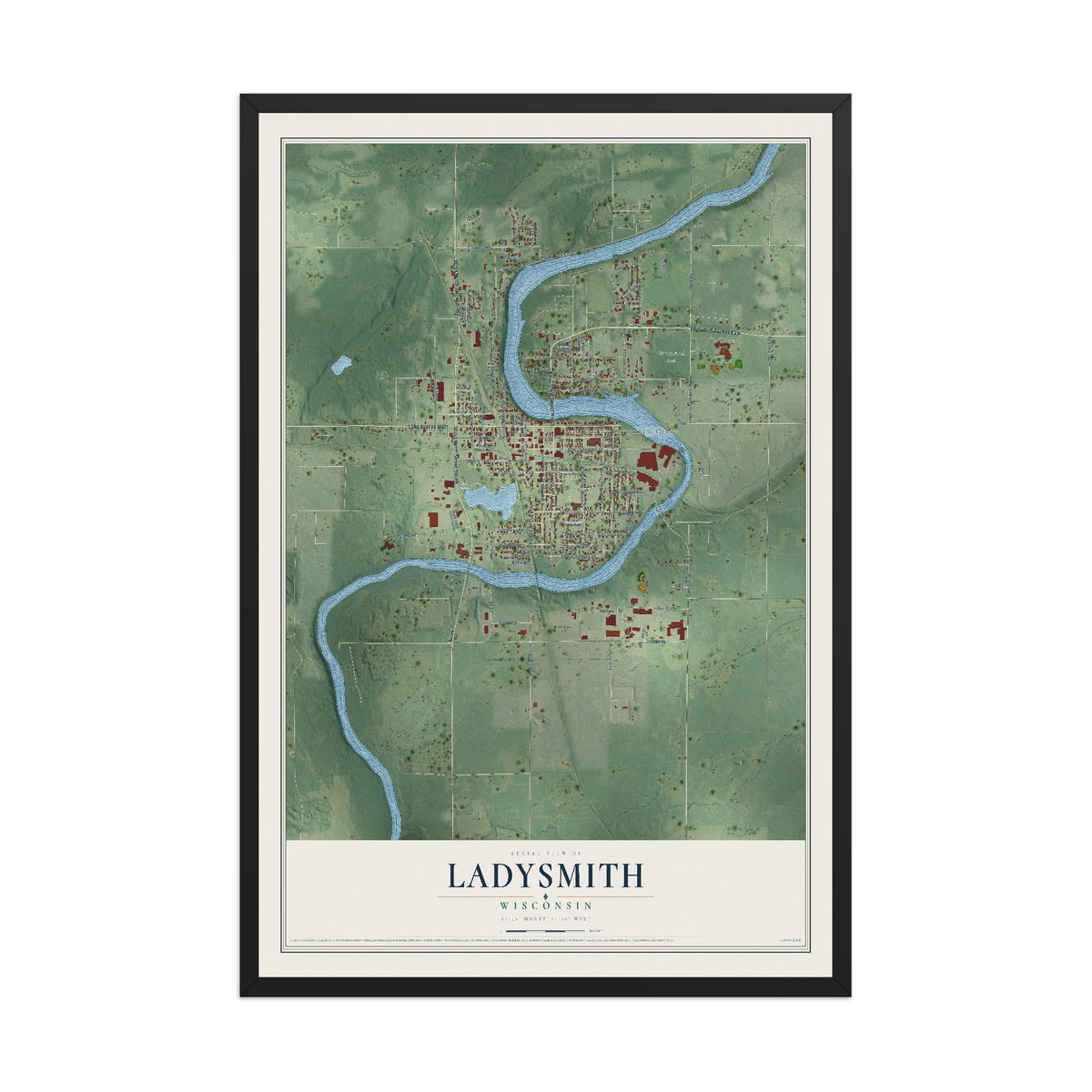 Map of Ladysmith, Wisconsin, 12 x 18 inch print in a black wood frame