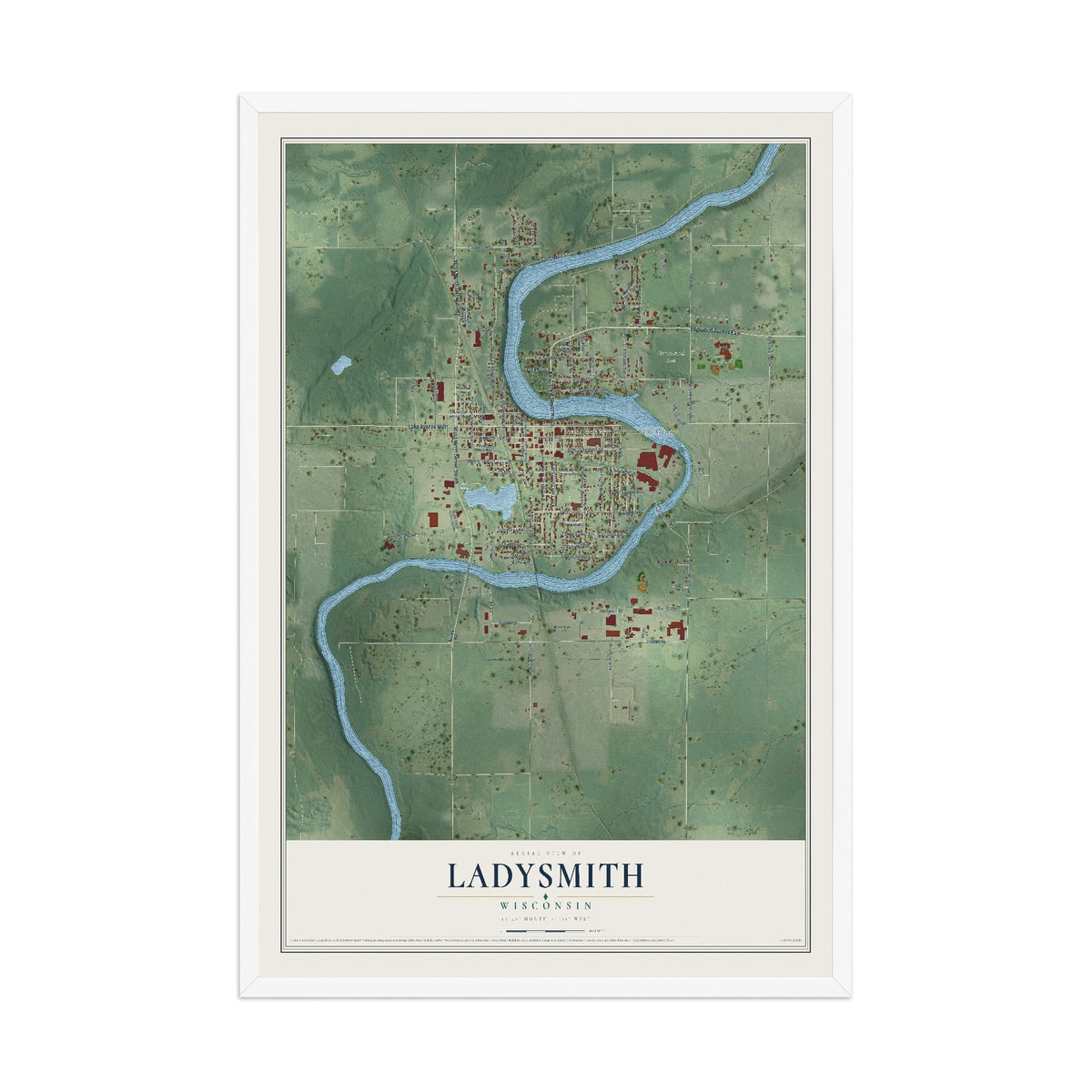 Map of Ladysmith, Wisconsin, 12 x 18 inch print in a white wood frame