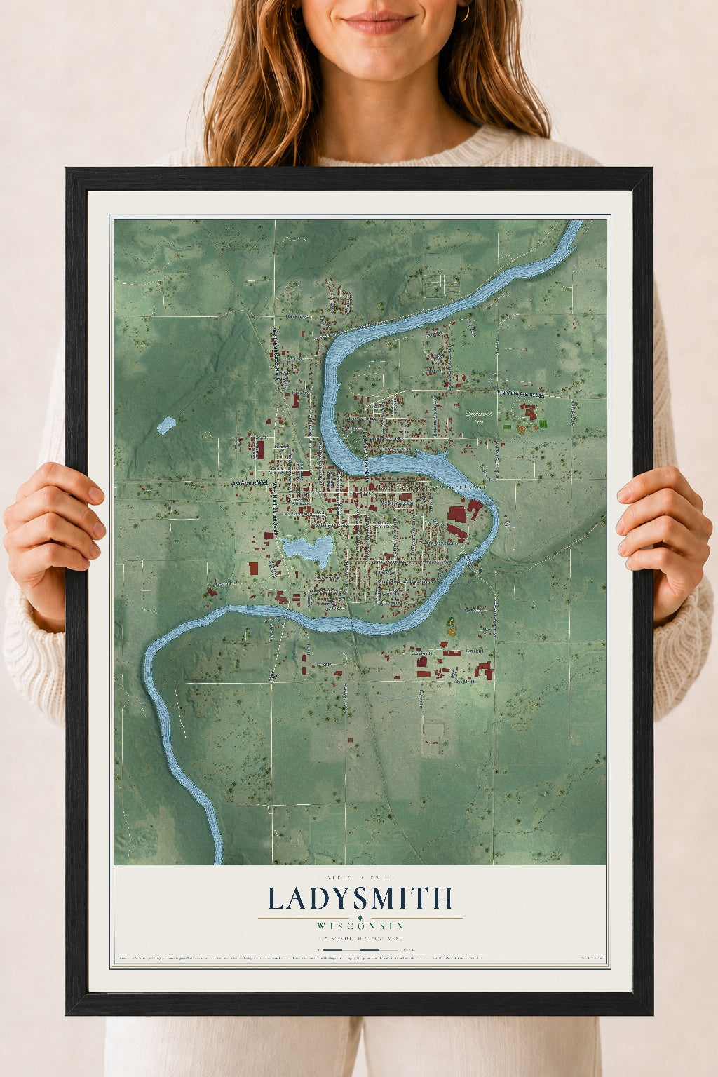 Map of Ladysmith, Wisconsin, 18 x 24 inch print in a black wood frame