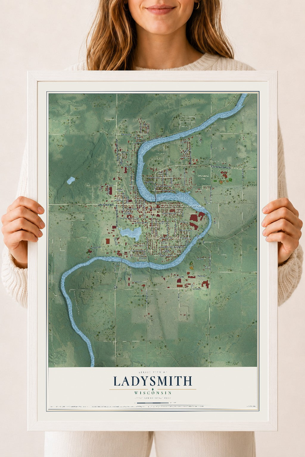 Map of Ladysmith, Wisconsin, 18 x 24 inch print in a white wood frame